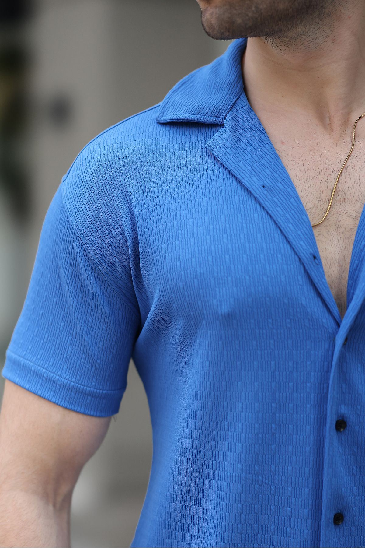 Erkek Yazlık Likralı Slim Fit Gömlek Yaka Kısa Kollu Gömlek