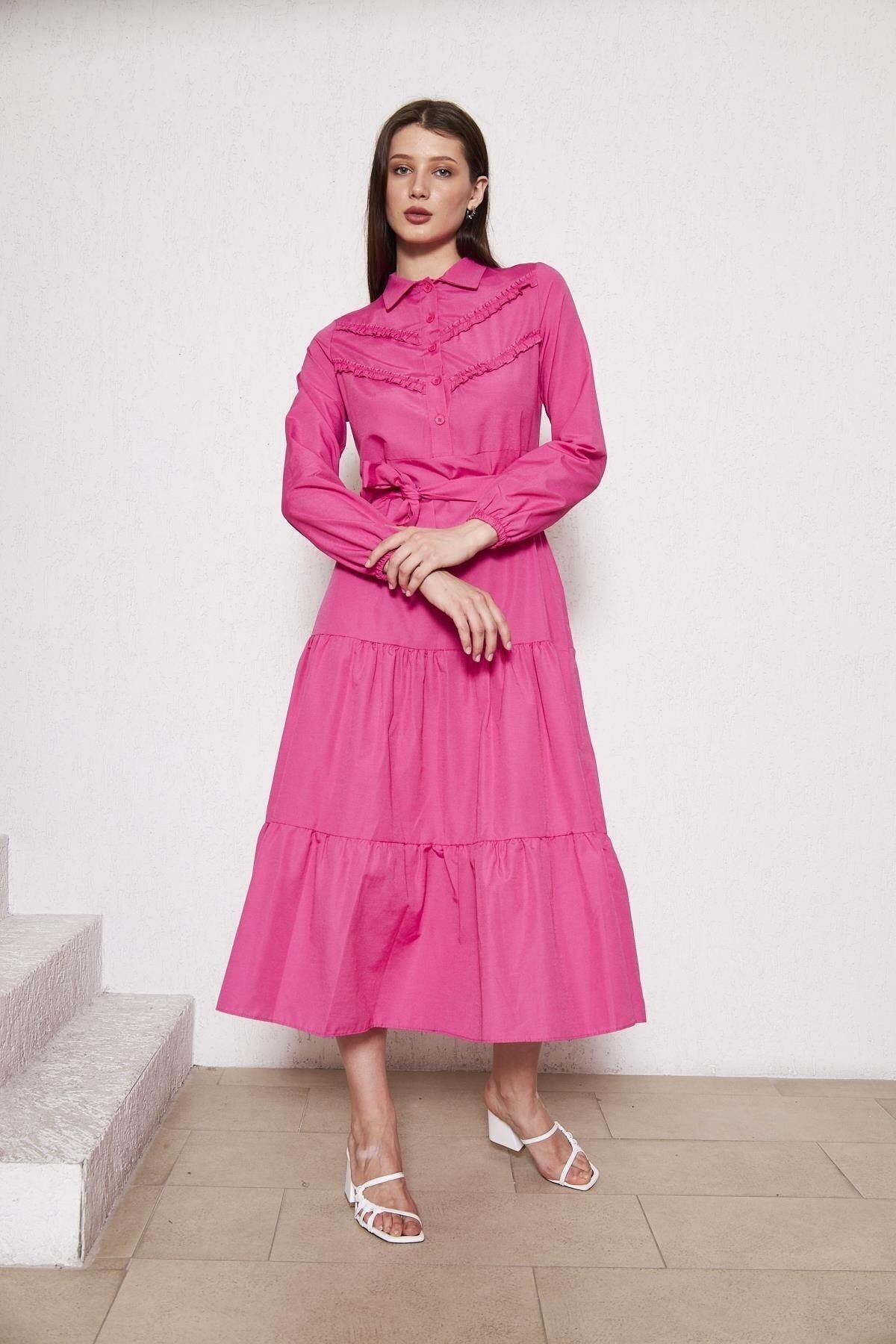 Kadın Katlı Pilise Detaylı Gömlek Yaka Elbise