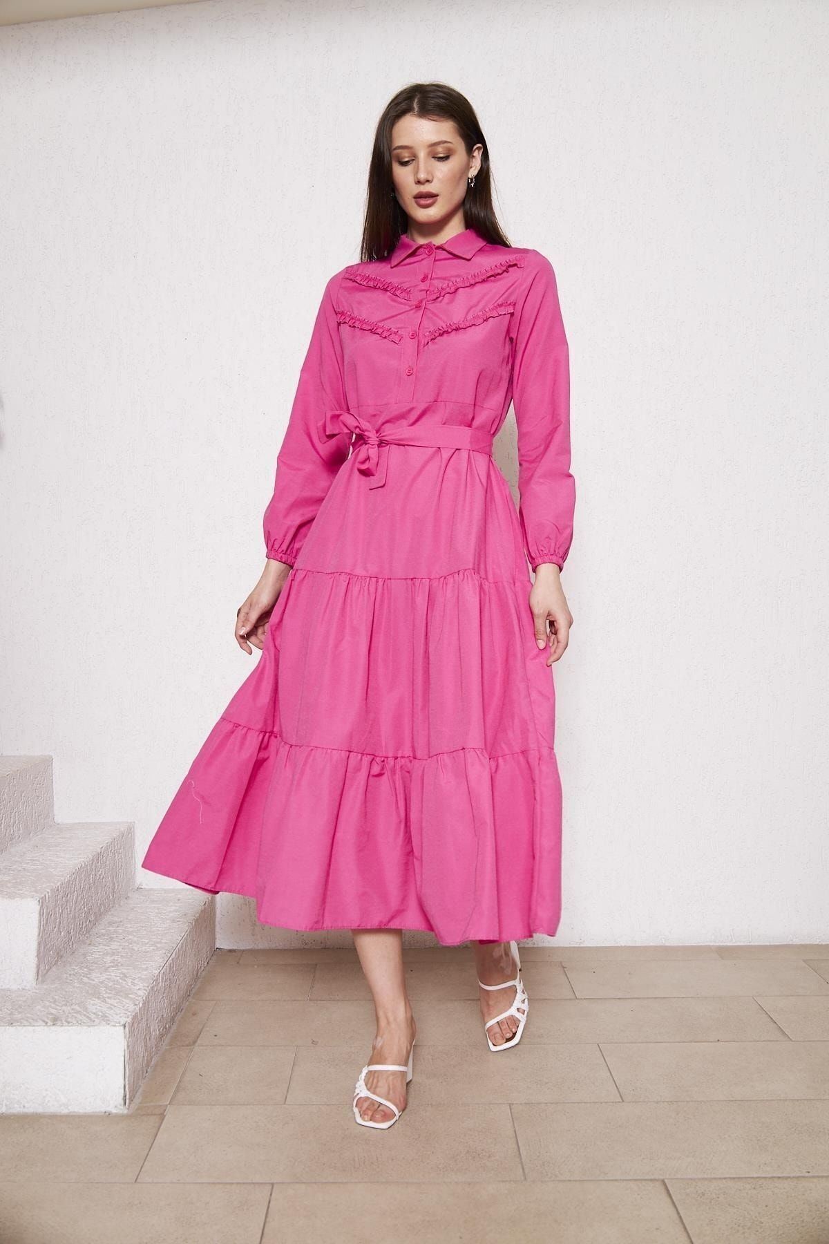 Kadın Katlı Pilise Detaylı Gömlek Yaka Elbise