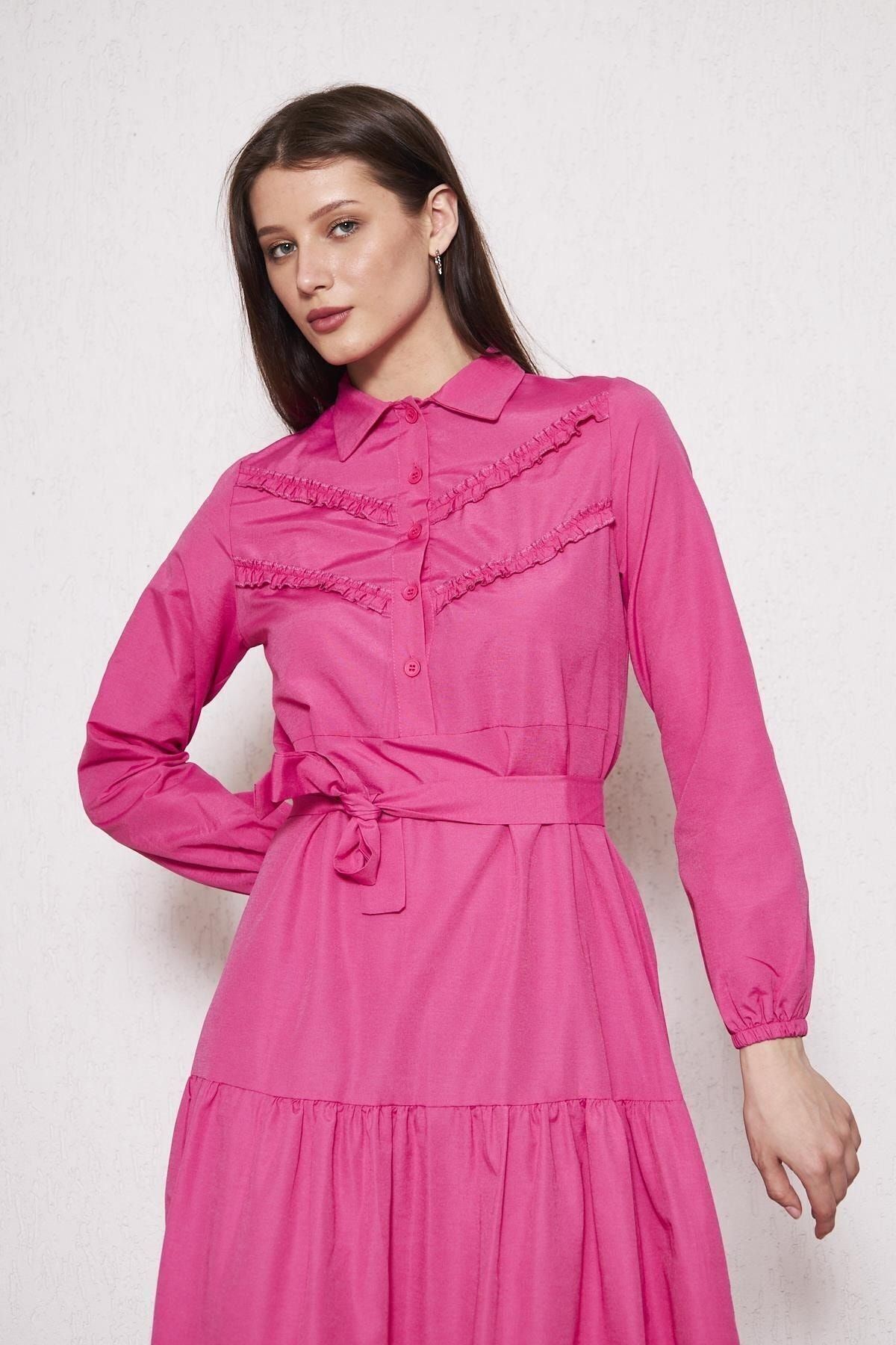Kadın Katlı Pilise Detaylı Gömlek Yaka Elbise