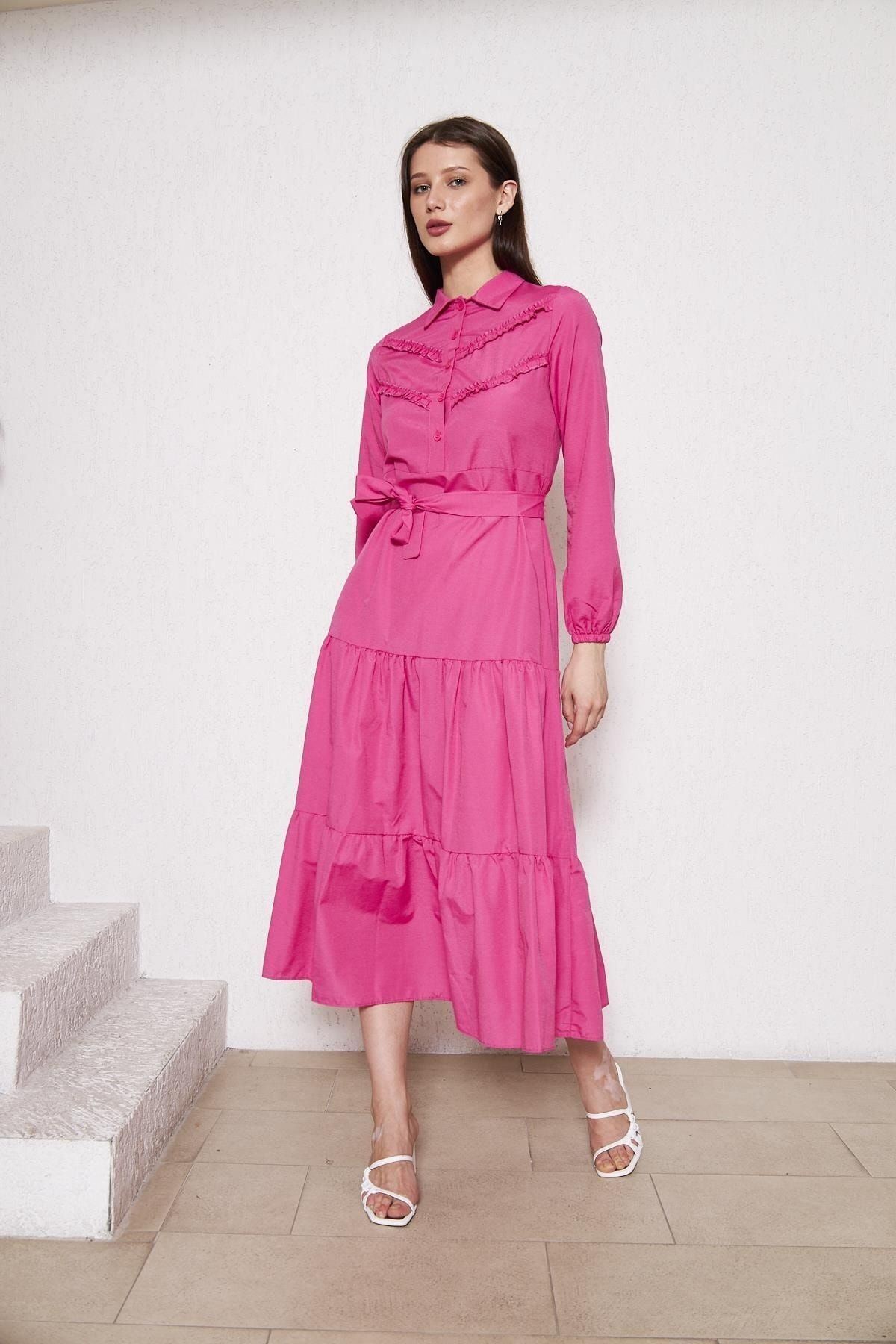 Kadın Katlı Pilise Detaylı Gömlek Yaka Elbise