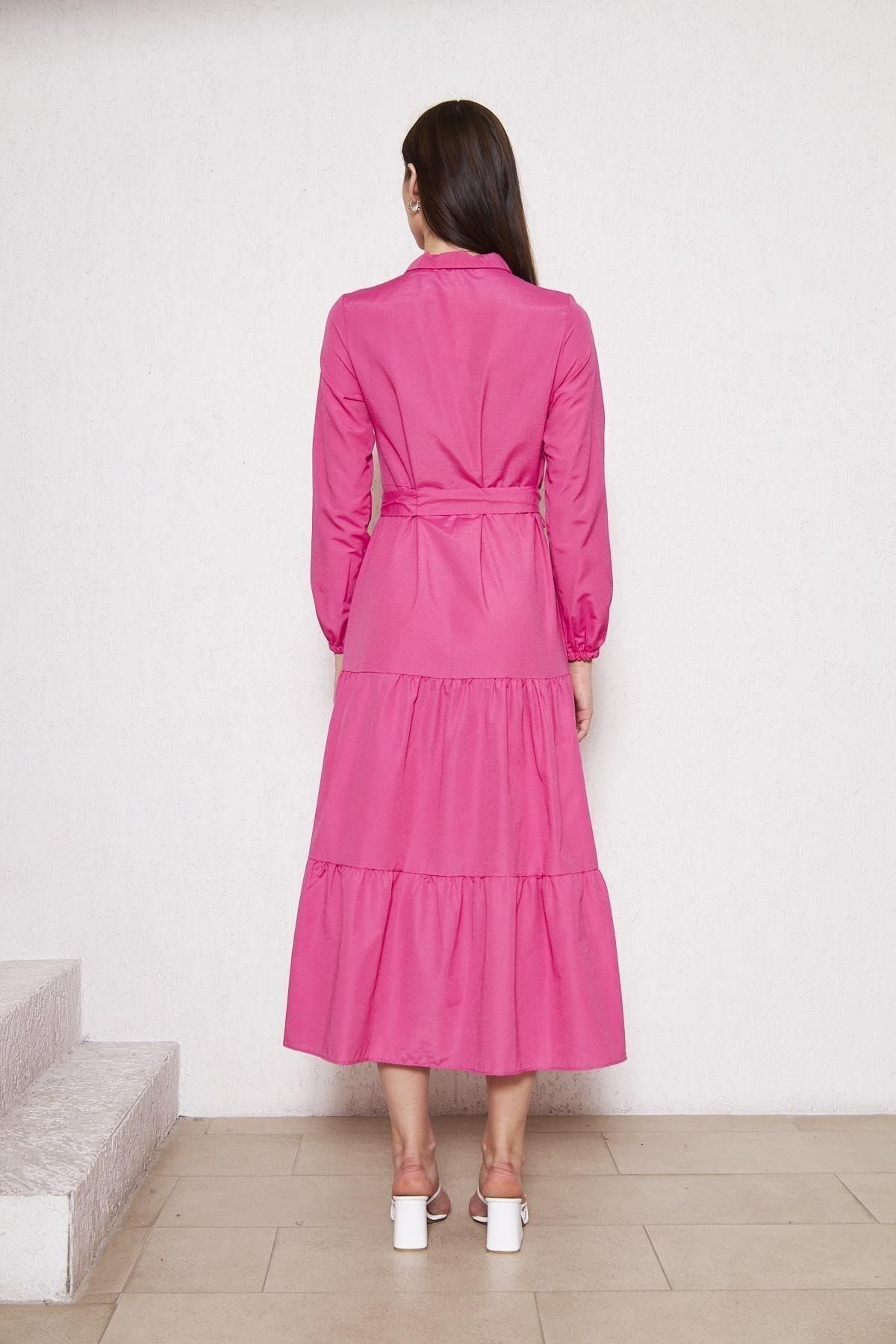 Kadın Katlı Pilise Detaylı Gömlek Yaka Elbise