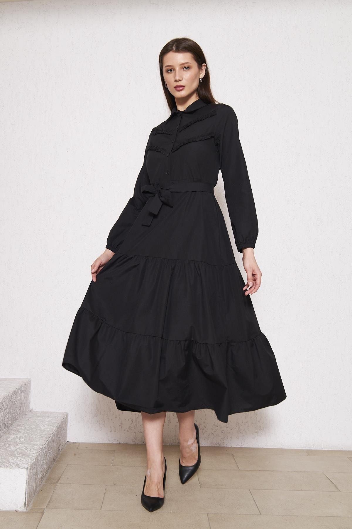 Kadın Katlı Pilise Detaylı Gömlek Yaka Elbise