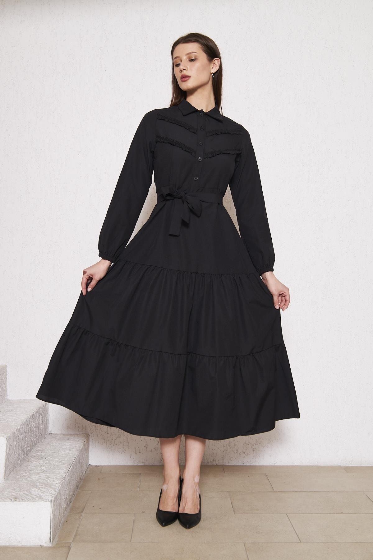 Kadın Katlı Pilise Detaylı Gömlek Yaka Elbise