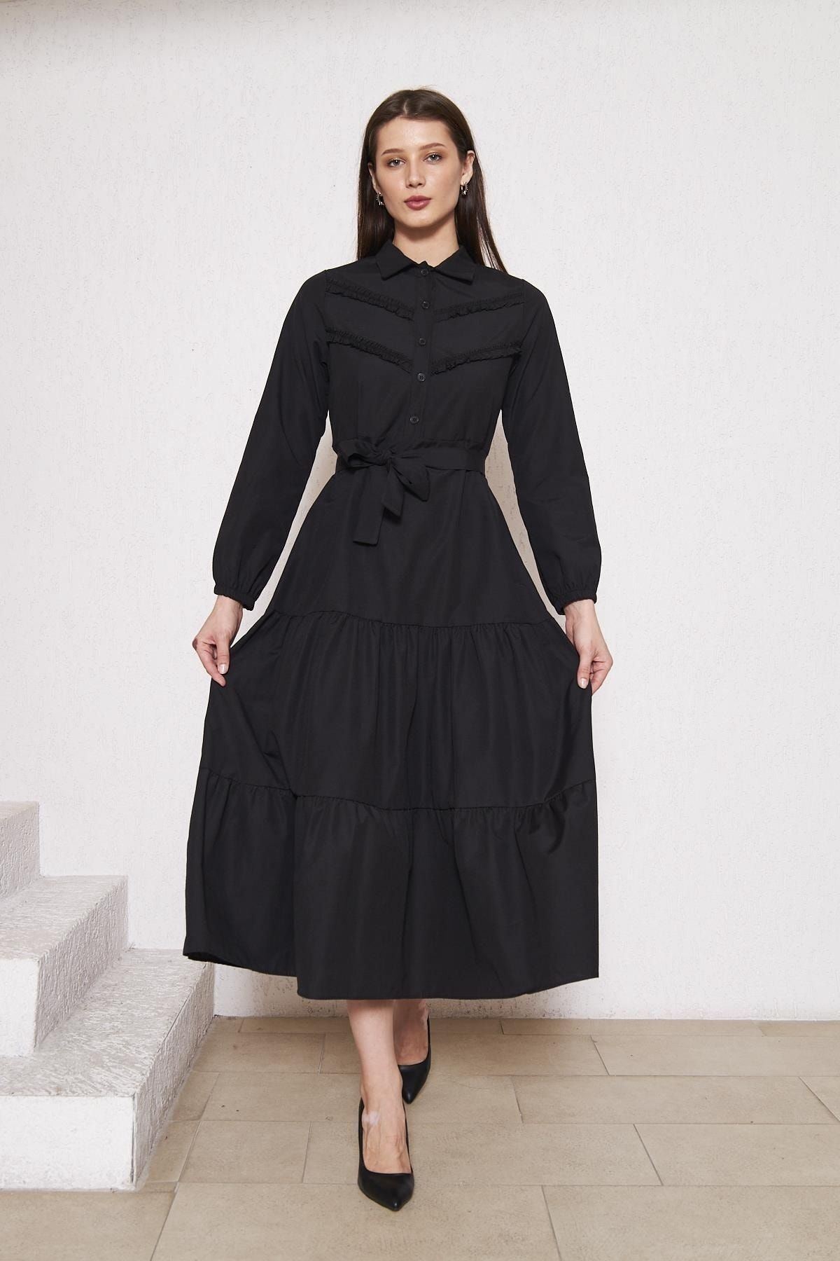 Kadın Katlı Pilise Detaylı Gömlek Yaka Elbise