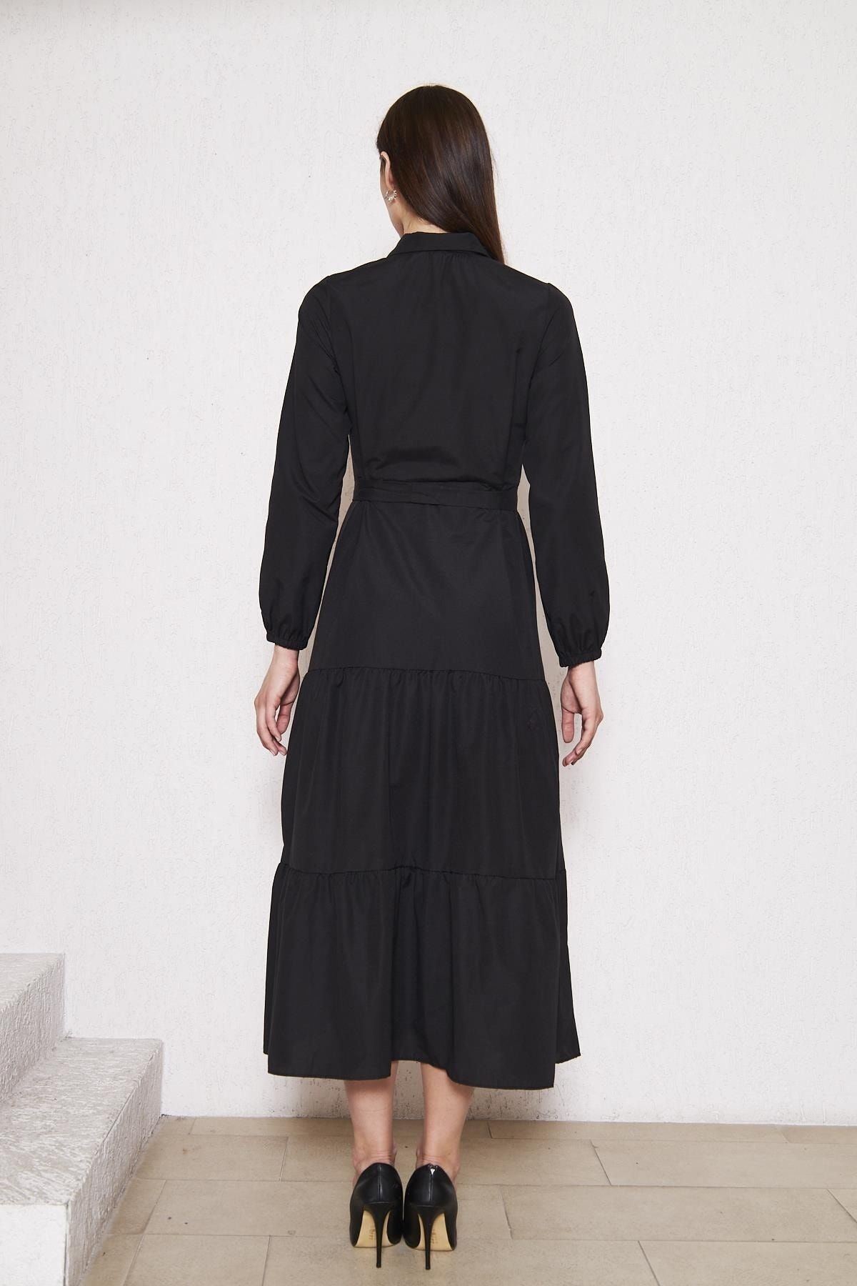 Kadın Katlı Pilise Detaylı Gömlek Yaka Elbise