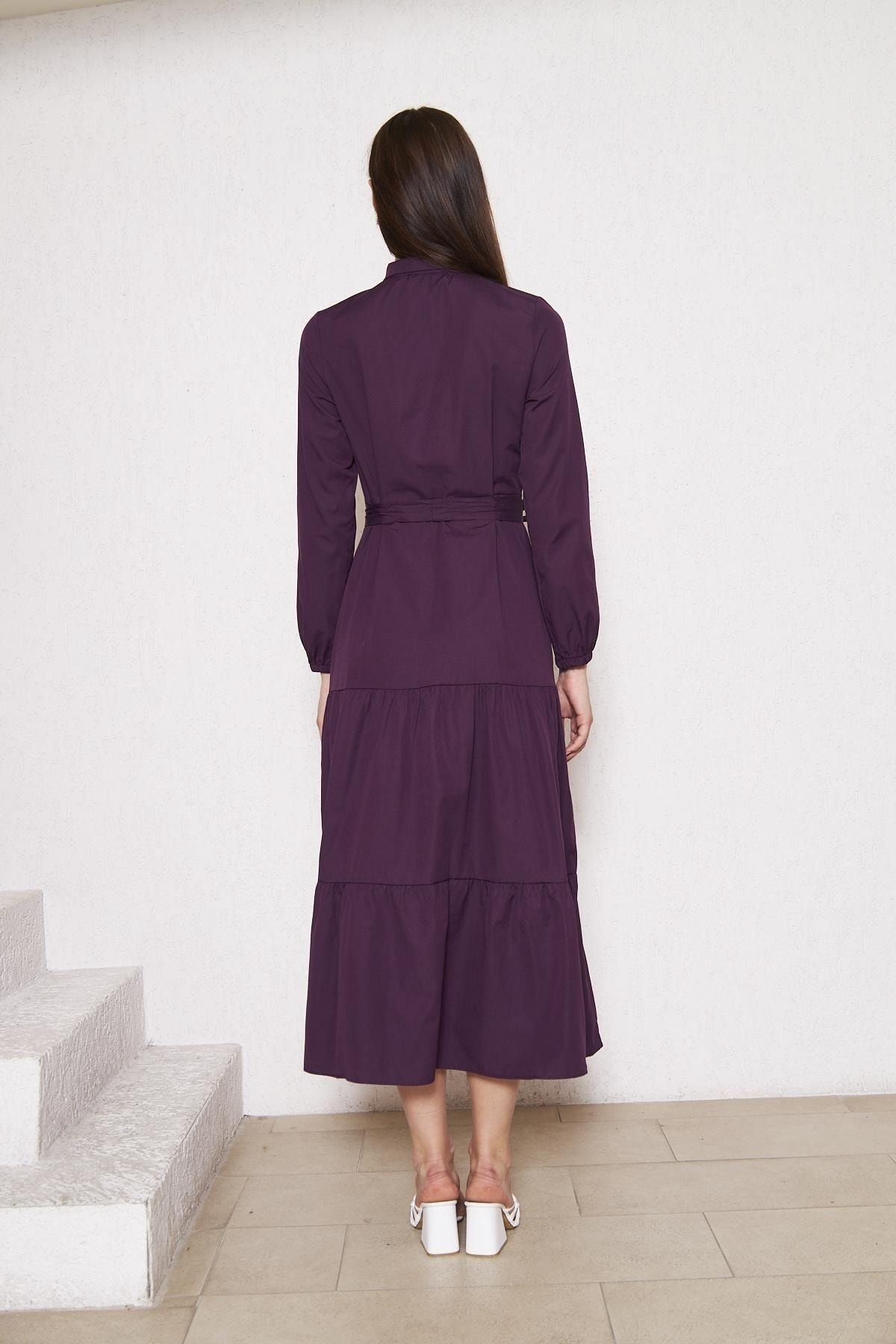 Kadın Katlı Pilise Detaylı Gömlek Yaka Elbise