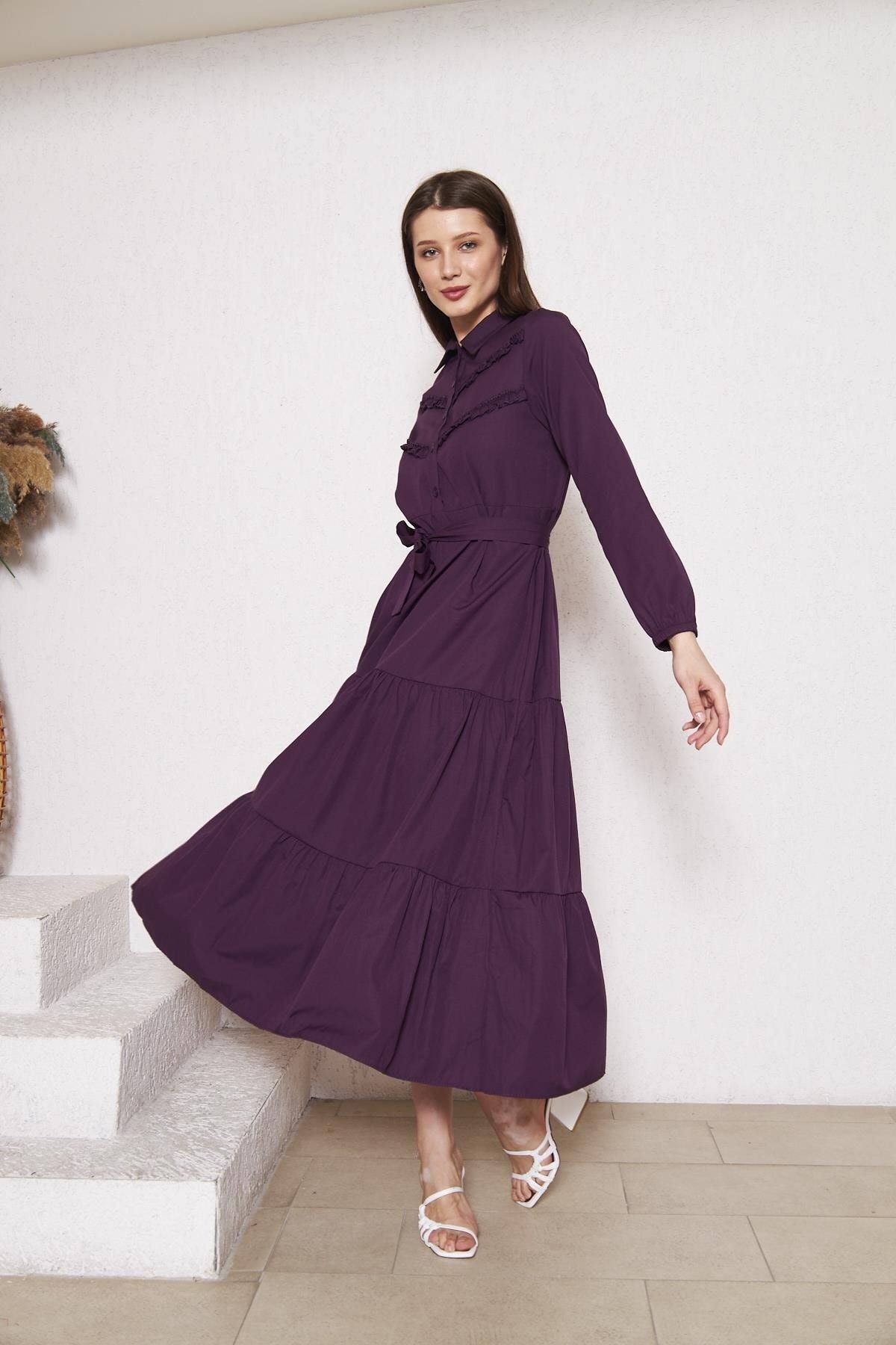 Kadın Katlı Pilise Detaylı Gömlek Yaka Elbise