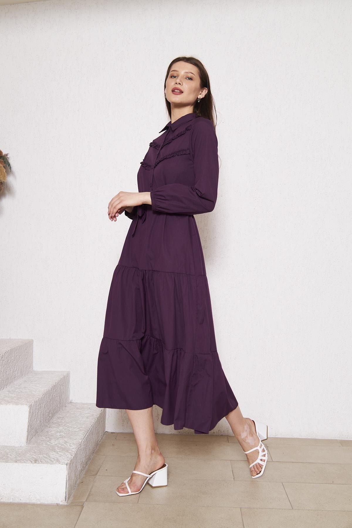 Kadın Katlı Pilise Detaylı Gömlek Yaka Elbise