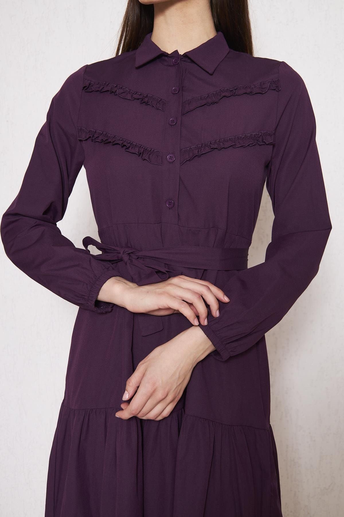Kadın Katlı Pilise Detaylı Gömlek Yaka Elbise