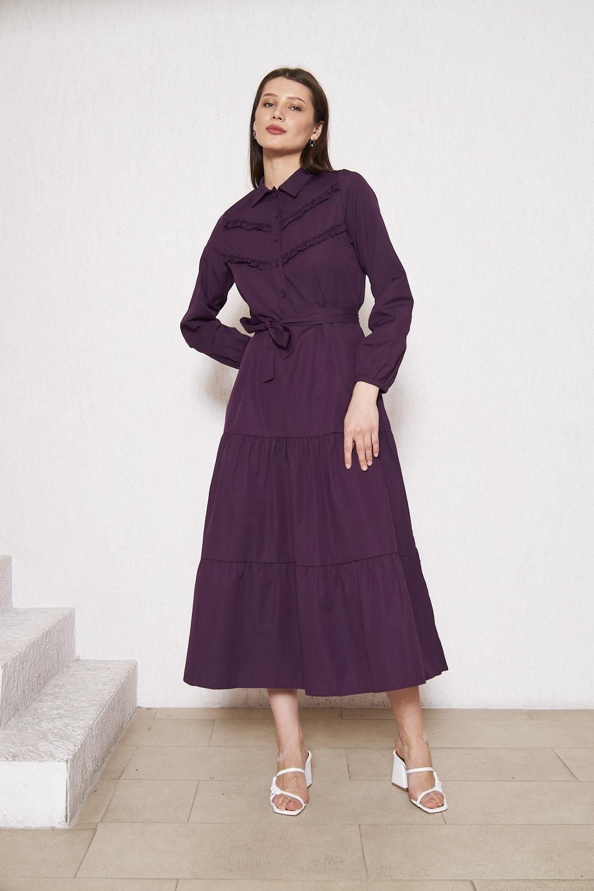 Kadın Katlı Pilise Detaylı Gömlek Yaka Elbise