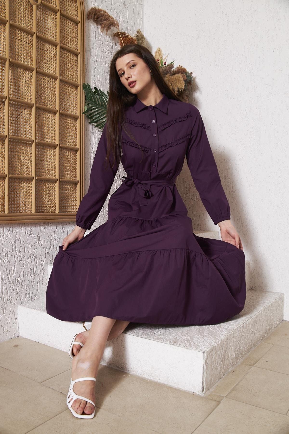 Kadın Katlı Pilise Detaylı Gömlek Yaka Elbise