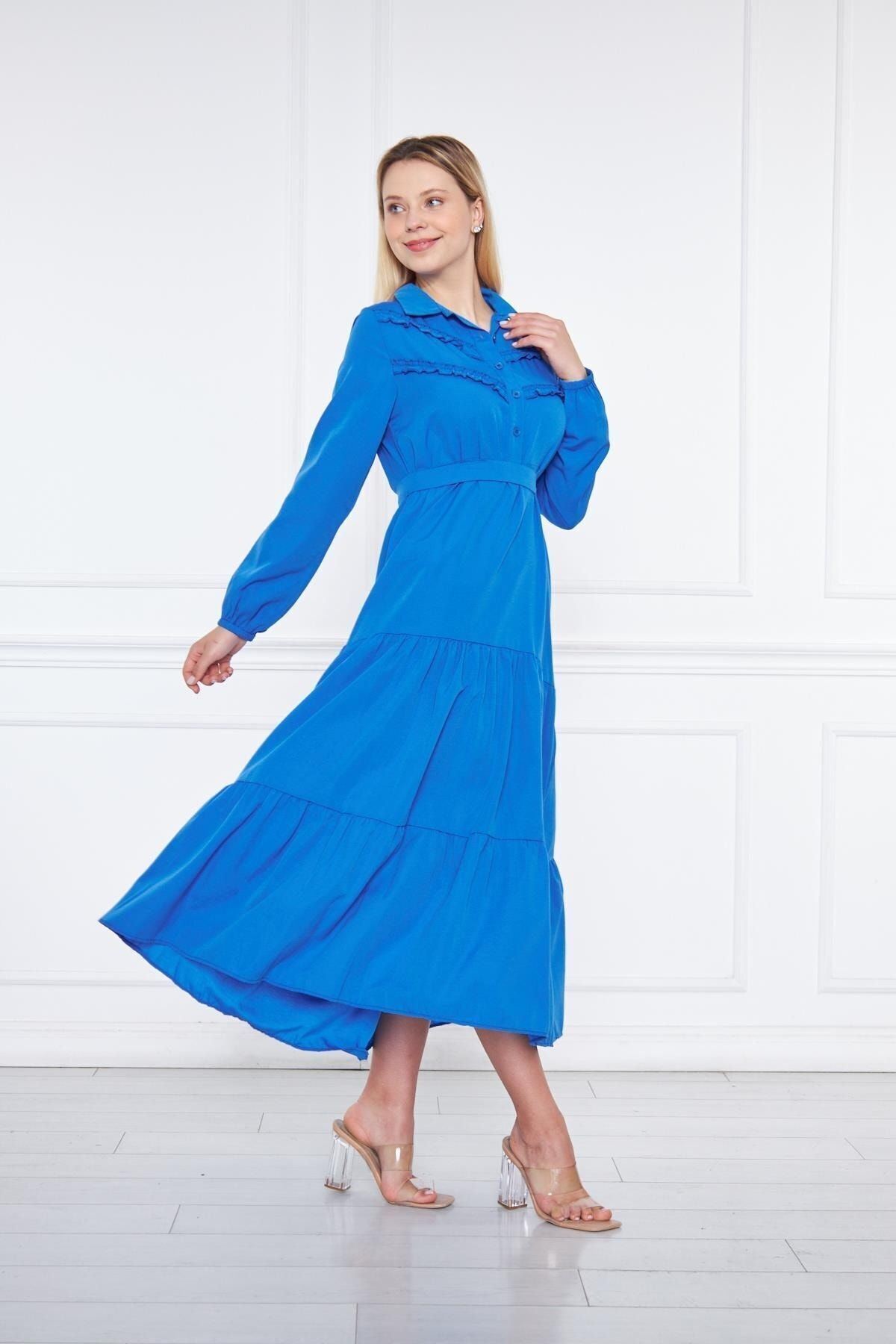 Kadın Katlı Pilise Detaylı Gömlek Yaka Elbise