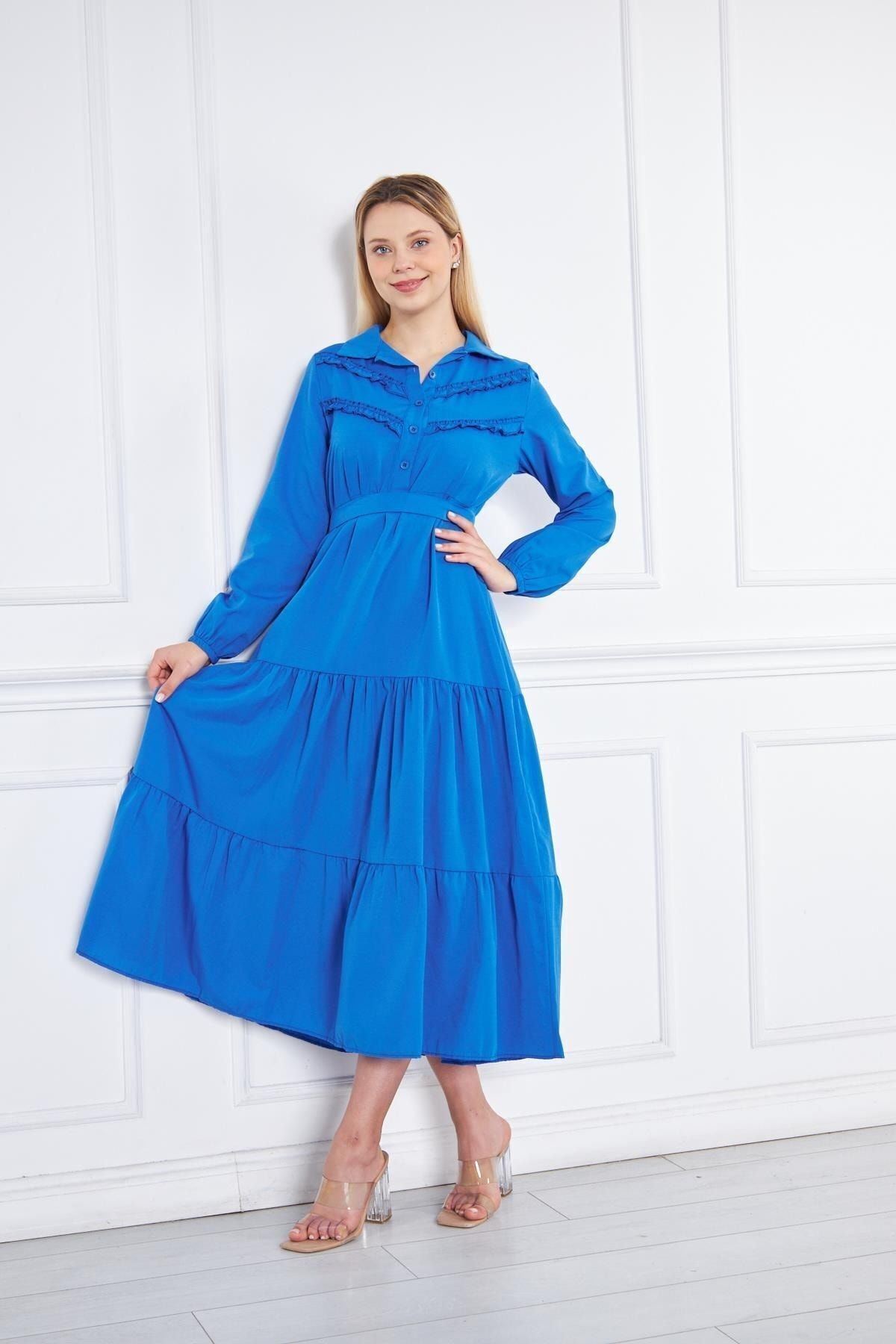 Kadın Katlı Pilise Detaylı Gömlek Yaka Elbise