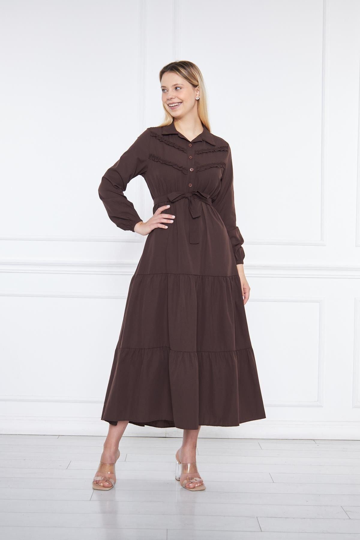 Kadın Katlı Pilise Detaylı Gömlek Yaka Elbise