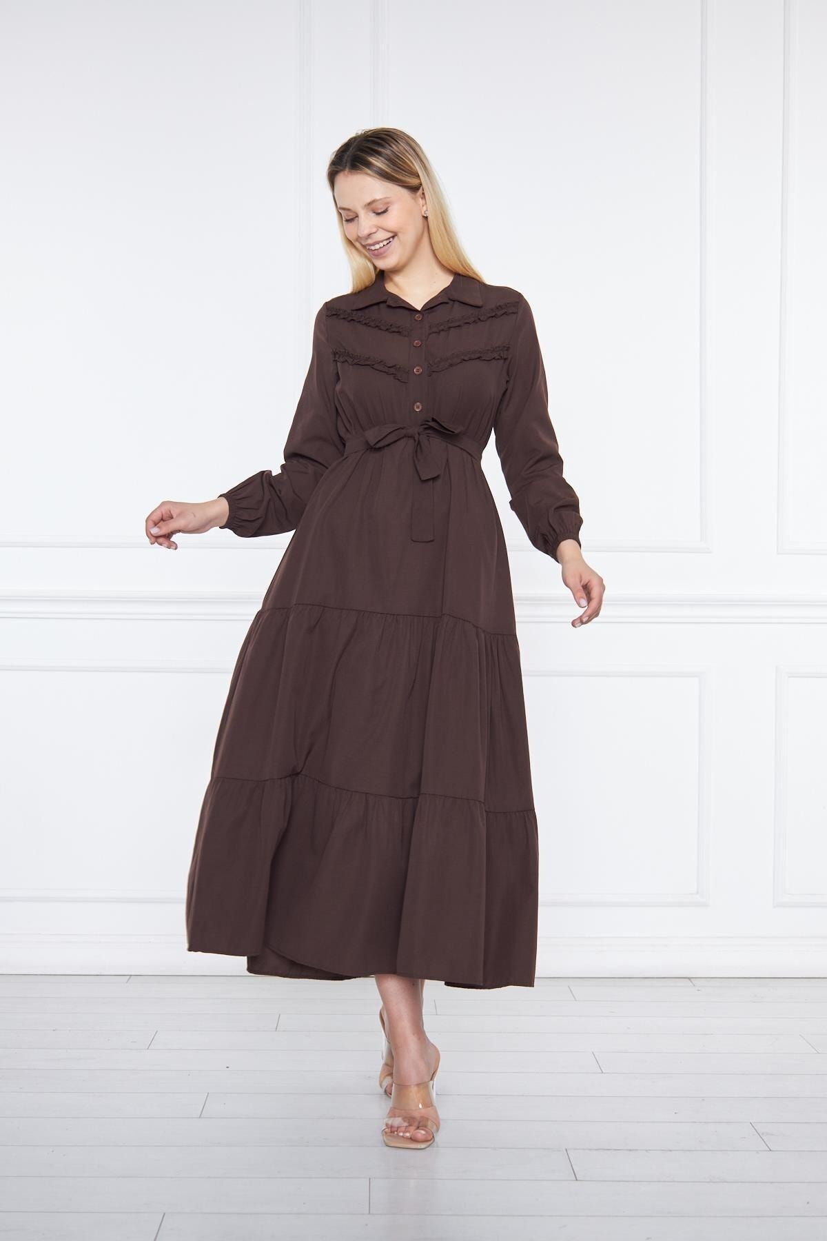 Kadın Katlı Pilise Detaylı Gömlek Yaka Elbise