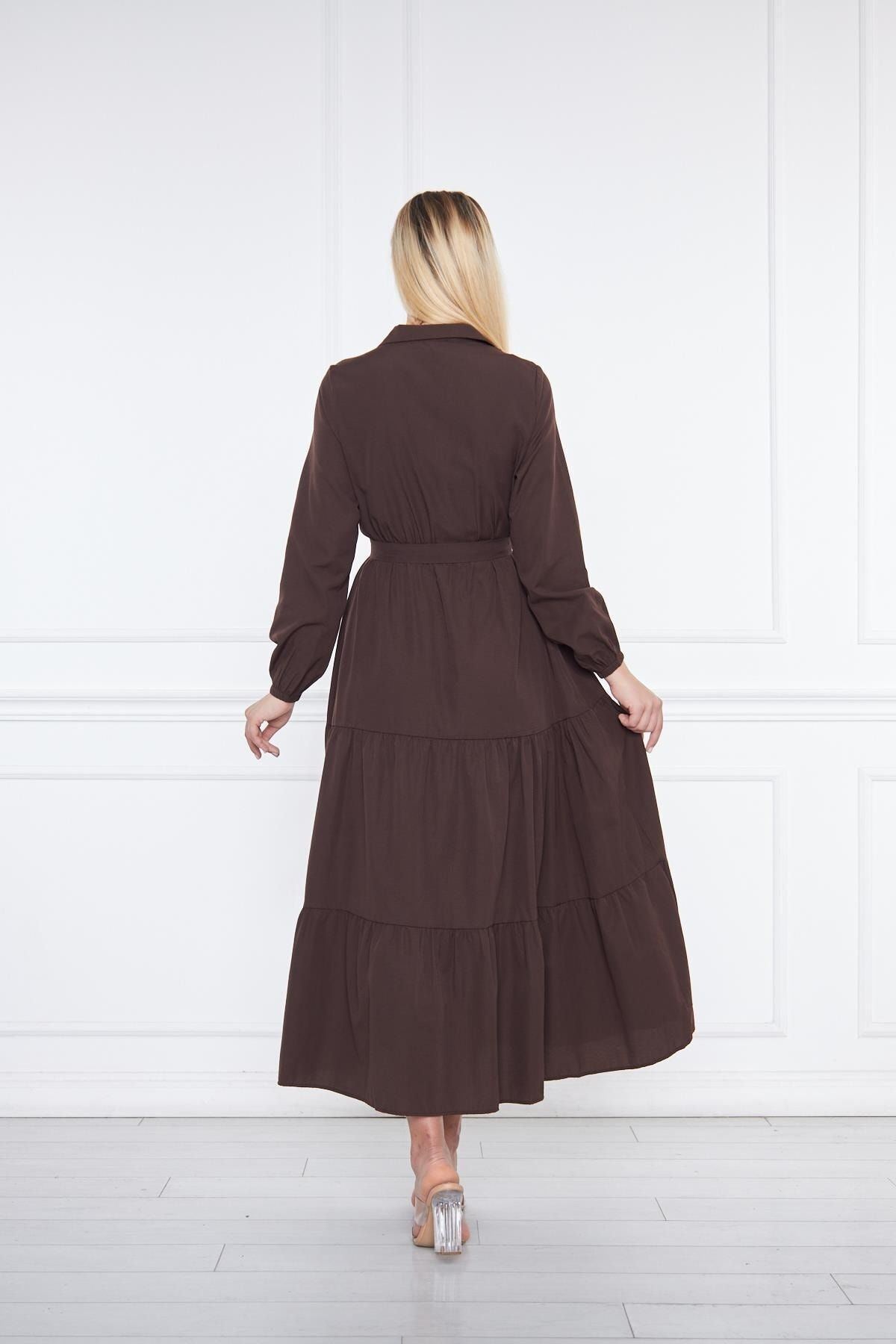 Kadın Katlı Pilise Detaylı Gömlek Yaka Elbise