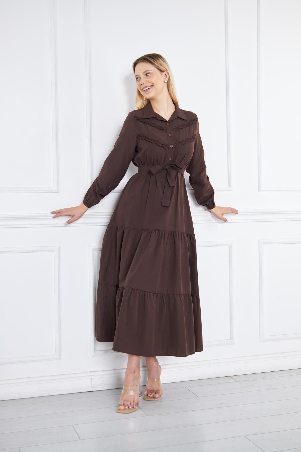 Kadın Katlı Pilise Detaylı Gömlek Yaka Elbise