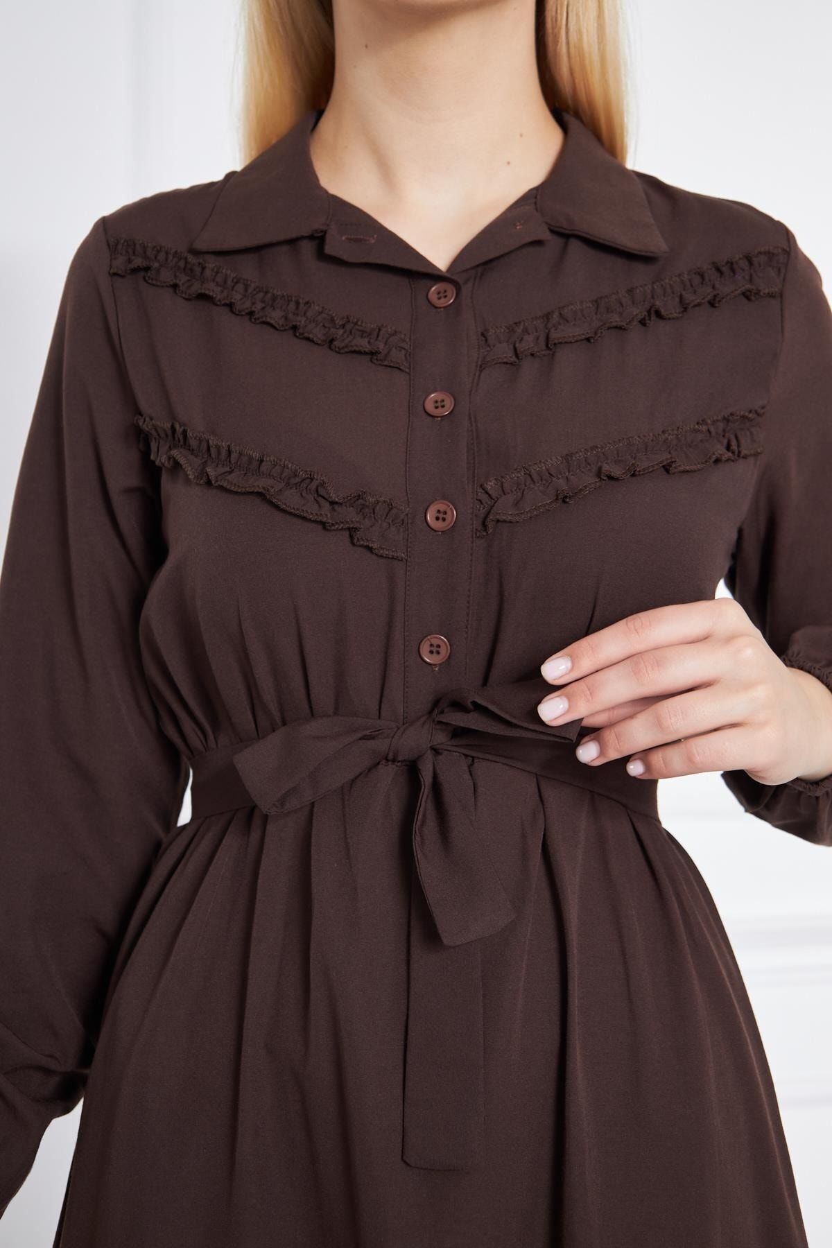 Kadın Katlı Pilise Detaylı Gömlek Yaka Elbise