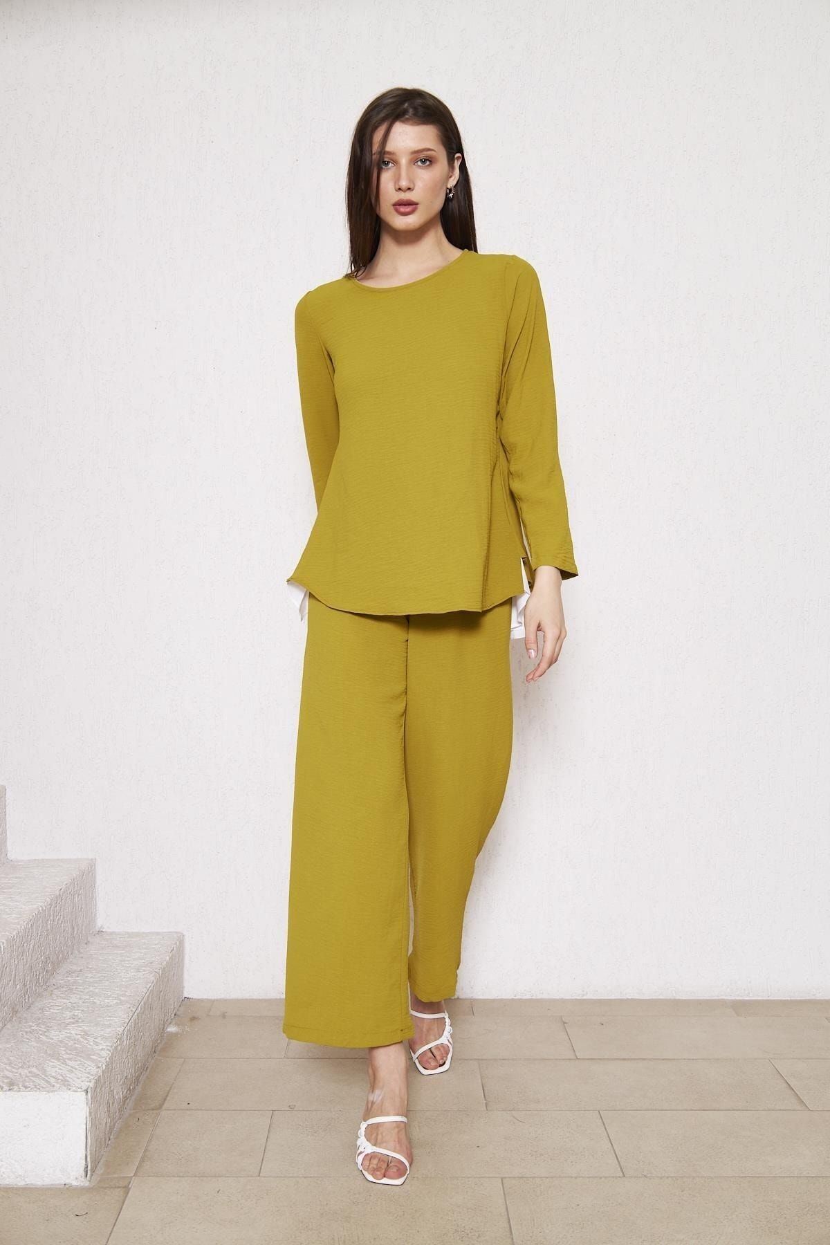 Kadın Tunik Bol Paça Pantolon Zeytin Ikili Takım