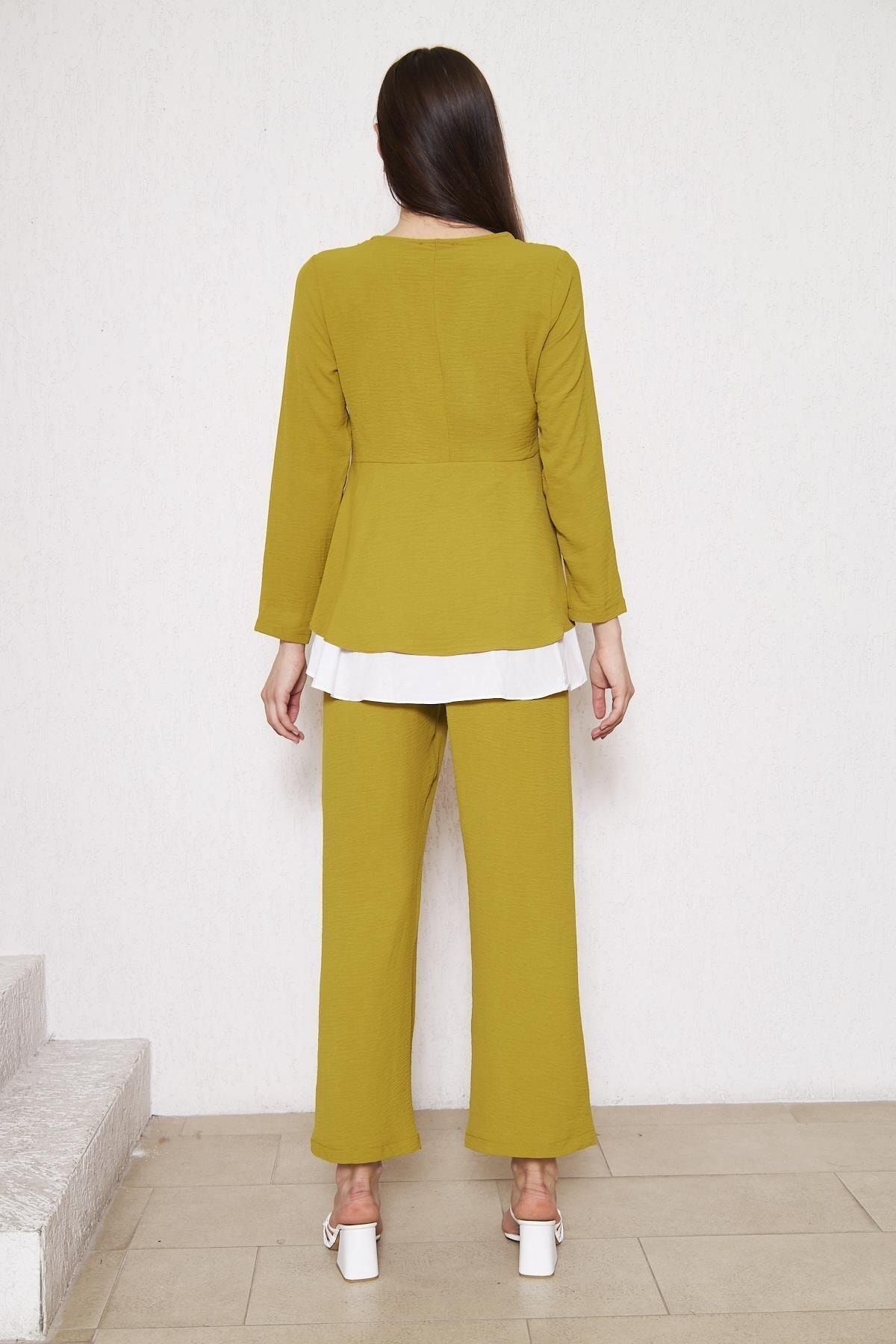 Kadın Tunik Bol Paça Pantolon Zeytin Ikili Takım