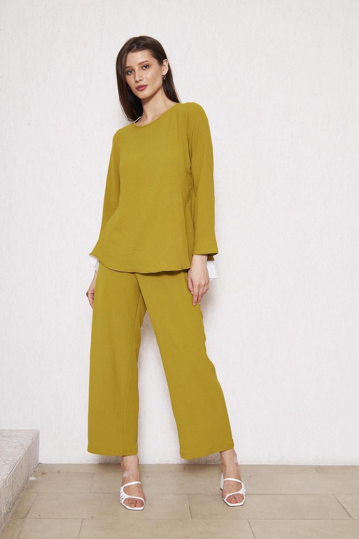 Kadın Tunik Bol Paça Pantolon Zeytin Ikili Takım