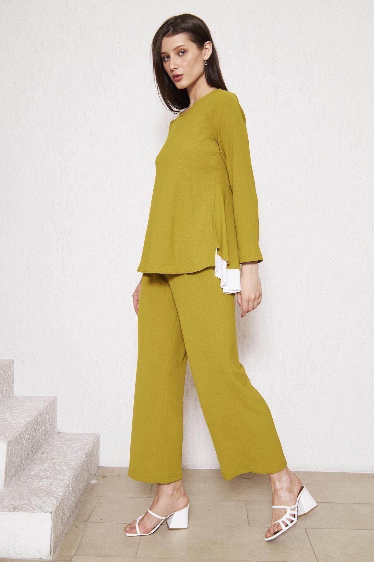 Kadın Tunik Bol Paça Pantolon Zeytin Ikili Takım