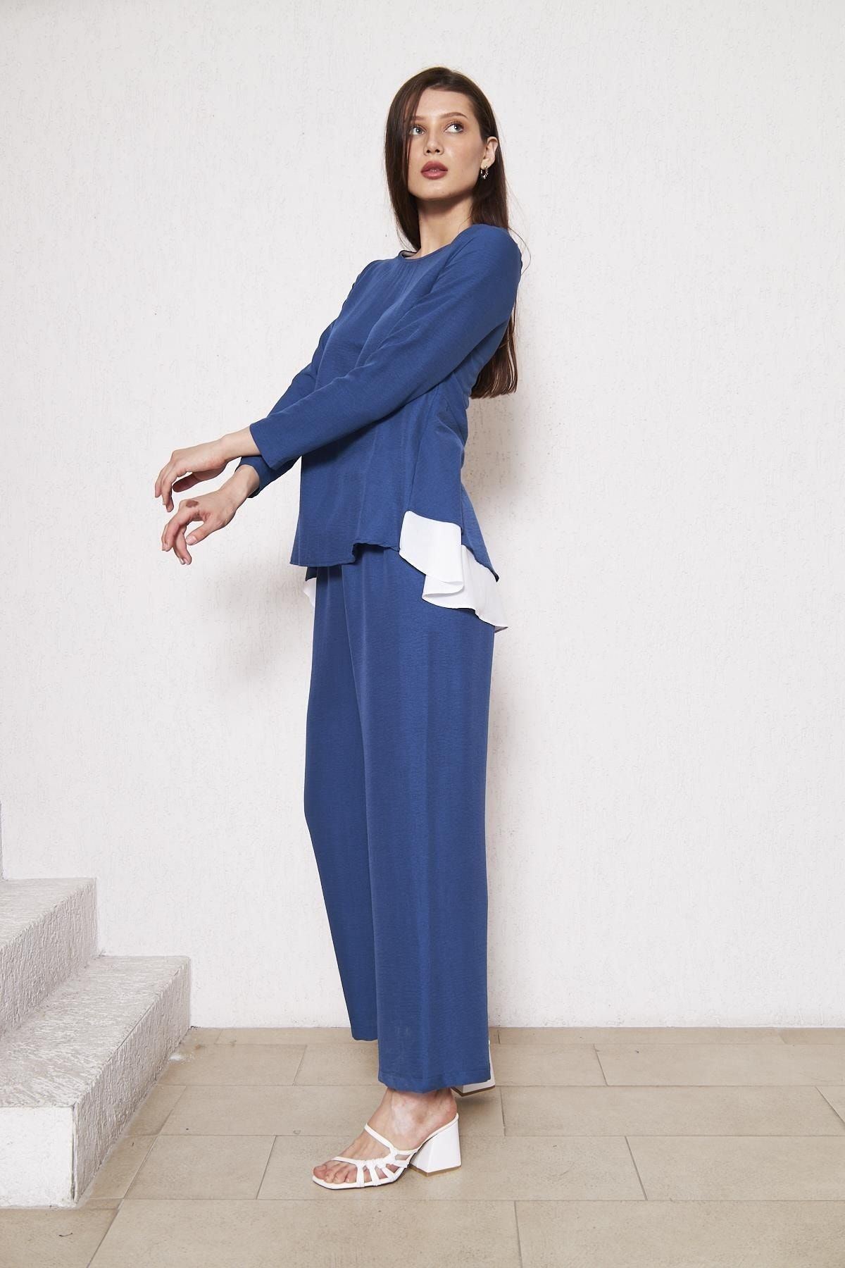Kadın Tunik Bol Paça Pantolon Lacivert Ikili Takım