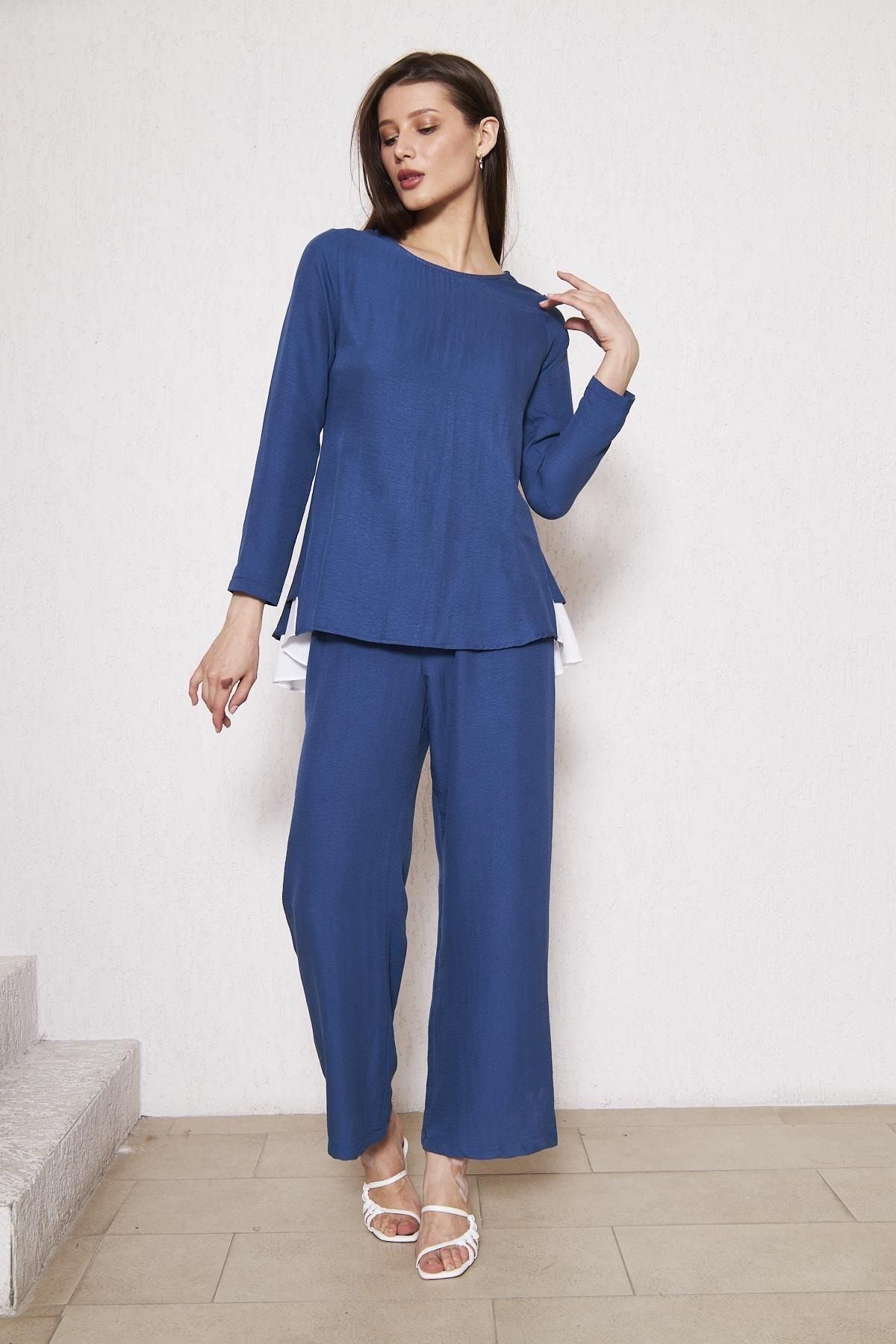Kadın Tunik Bol Paça Pantolon Lacivert Ikili Takım