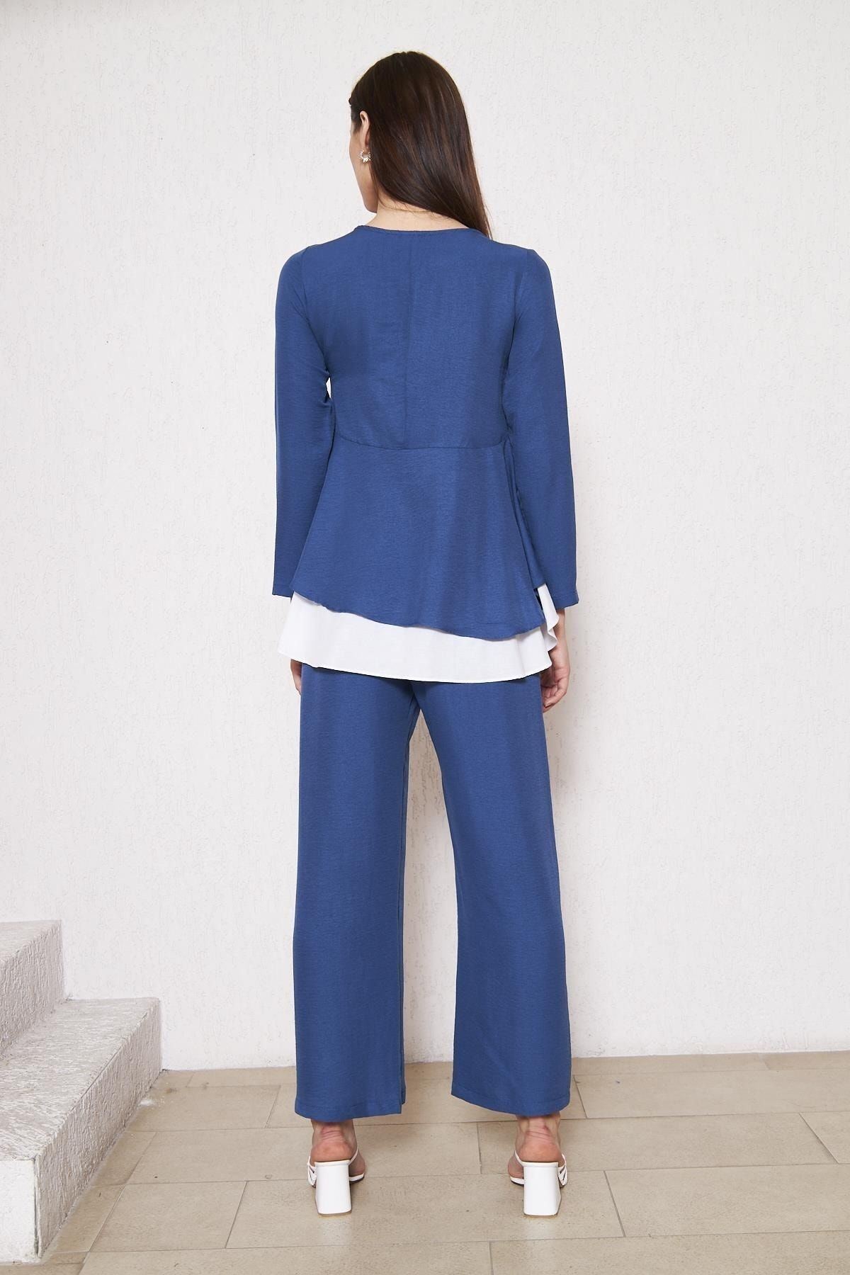 Kadın Tunik Bol Paça Pantolon Lacivert Ikili Takım