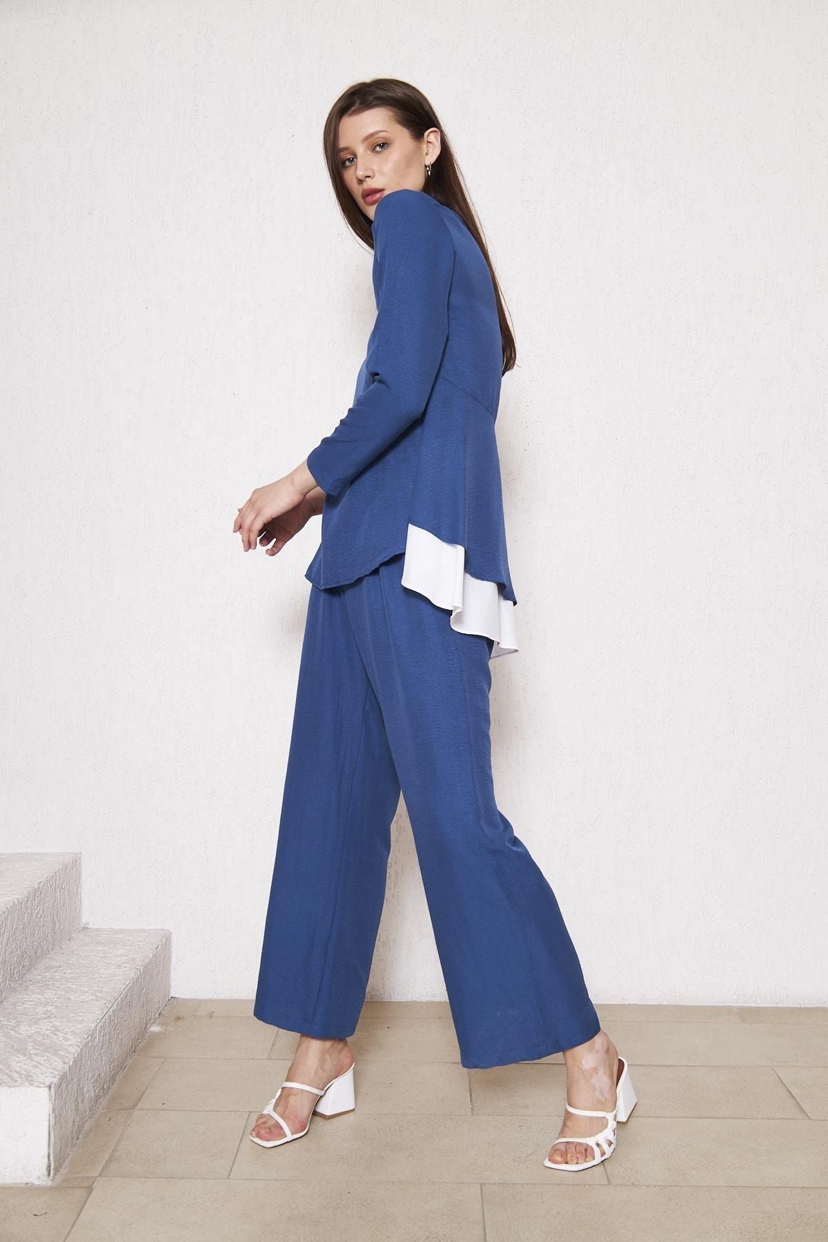 Kadın Tunik Bol Paça Pantolon Lacivert Ikili Takım