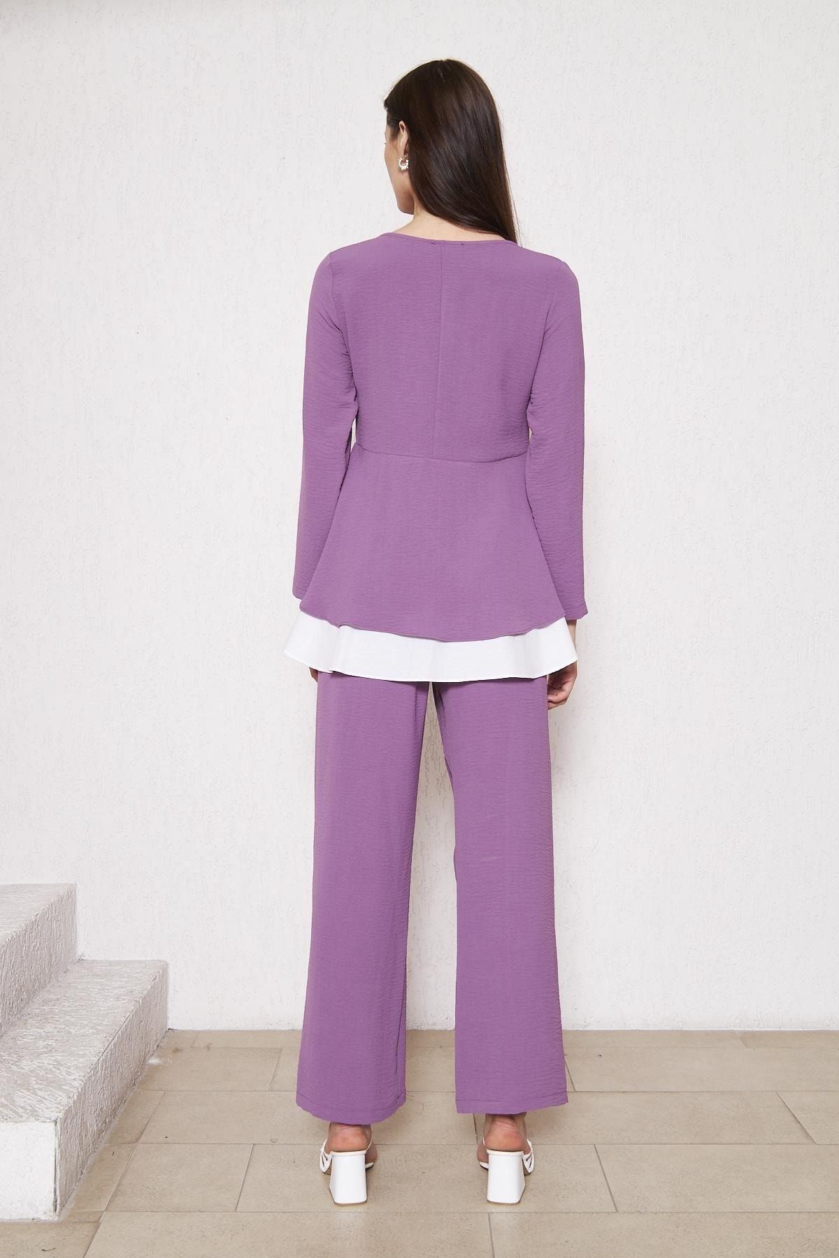 Kadın Tunik Bol Paça Pantolon Mor Ikili Takım