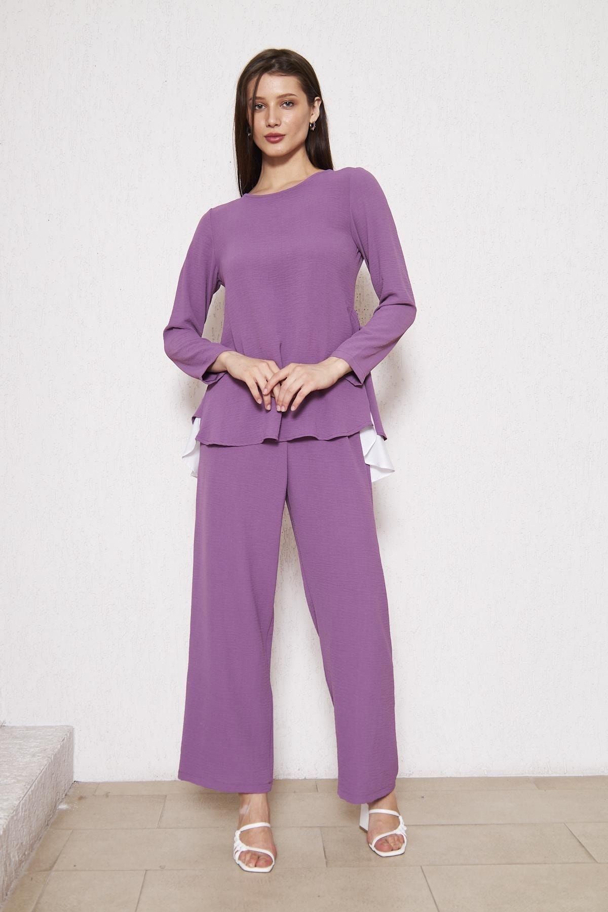 Kadın Tunik Bol Paça Pantolon Mor Ikili Takım