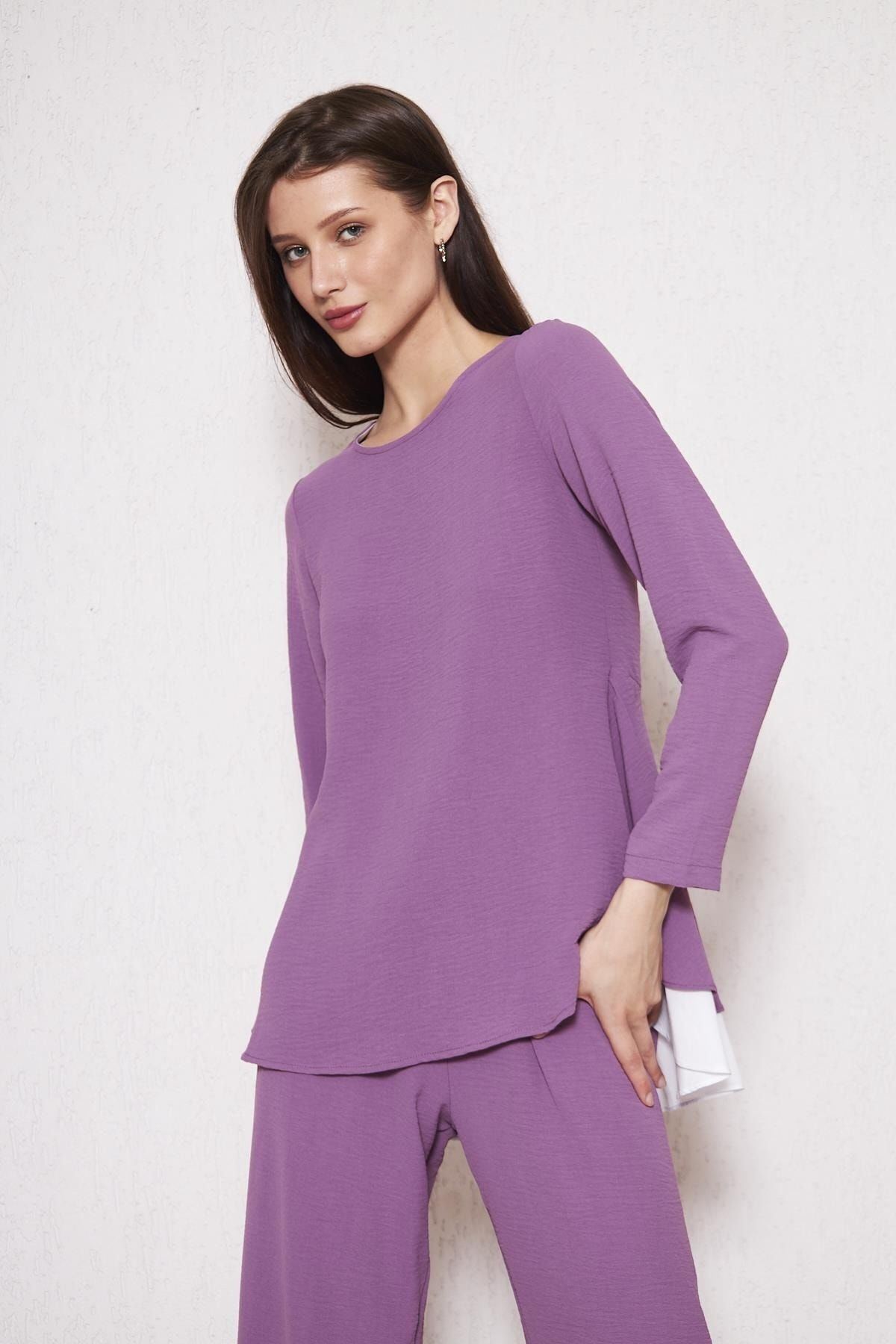 Kadın Tunik Bol Paça Pantolon Mor Ikili Takım