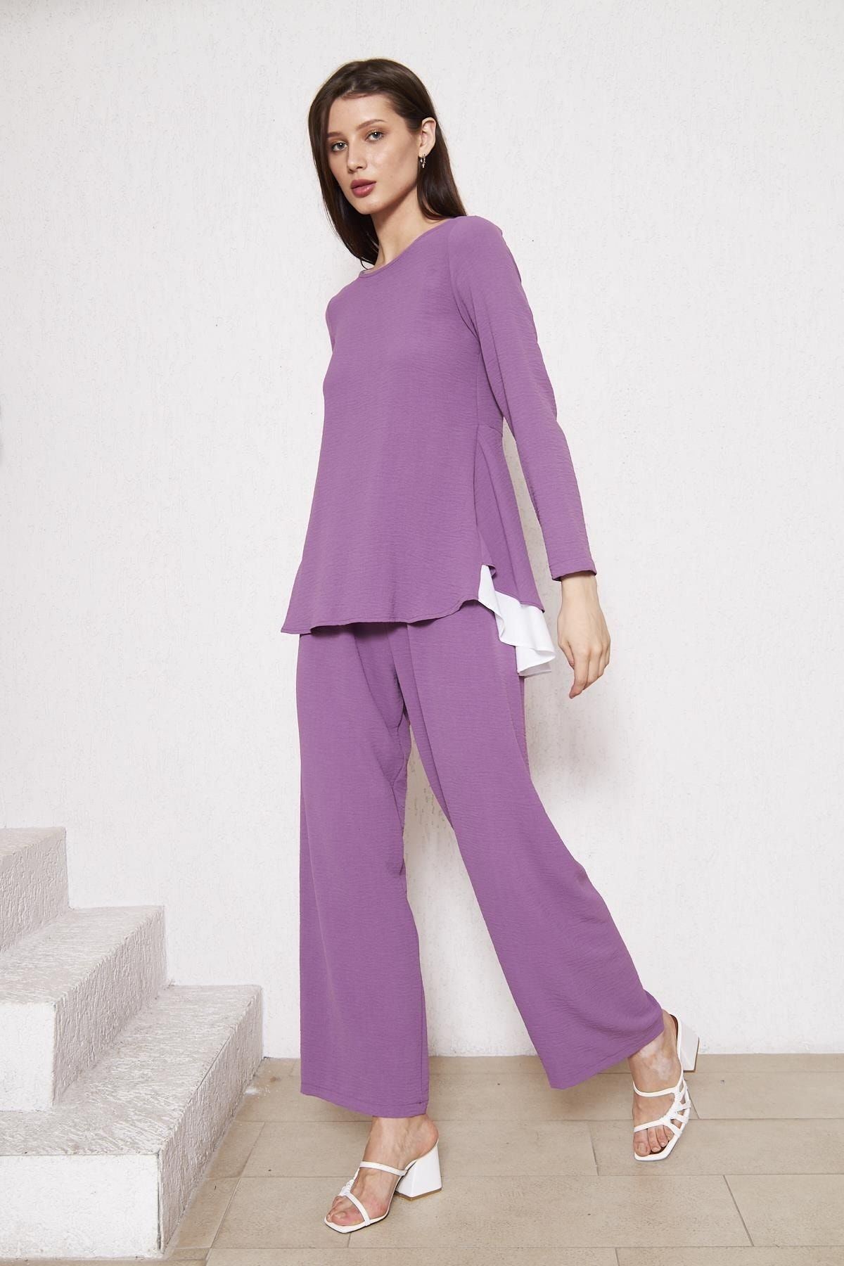 Kadın Tunik Bol Paça Pantolon Mor Ikili Takım