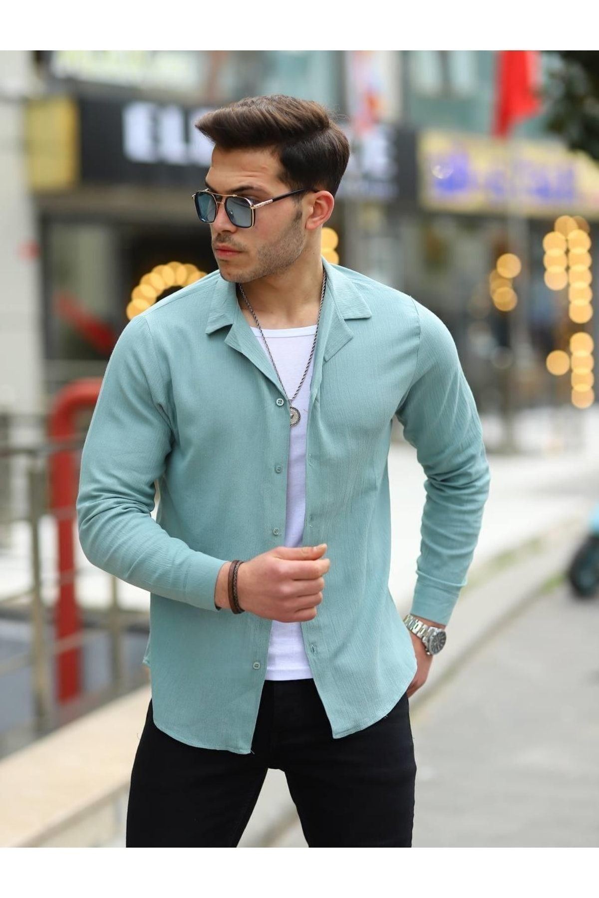 Erkek Trend Kruvaze Yaka Şık Mint Keten Gömlek