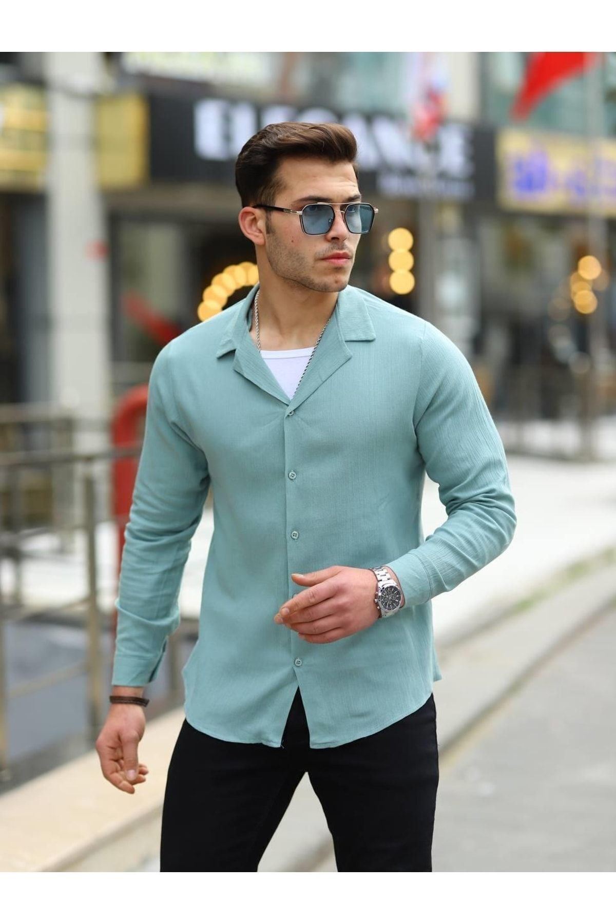 Erkek Trend Kruvaze Yaka Şık Mint Keten Gömlek