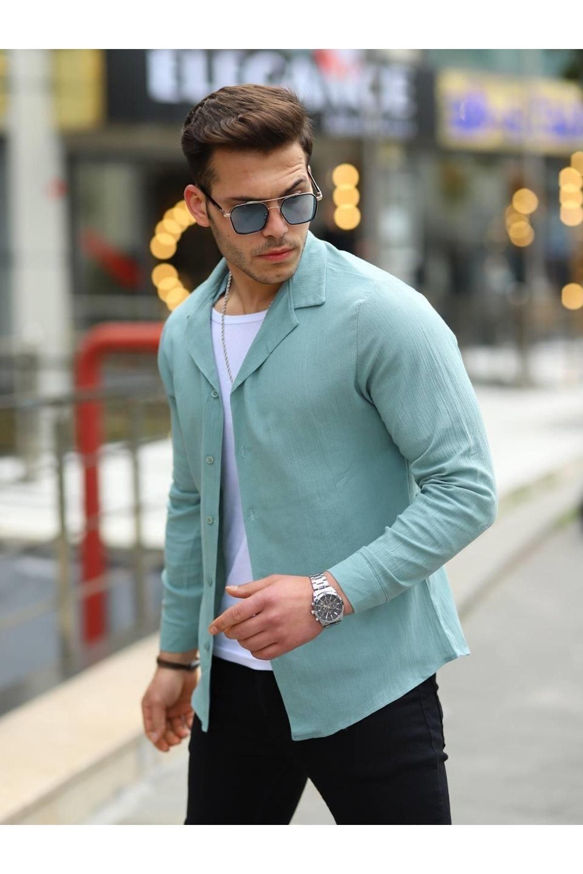 Erkek Trend Kruvaze Yaka Şık Mint Keten Gömlek