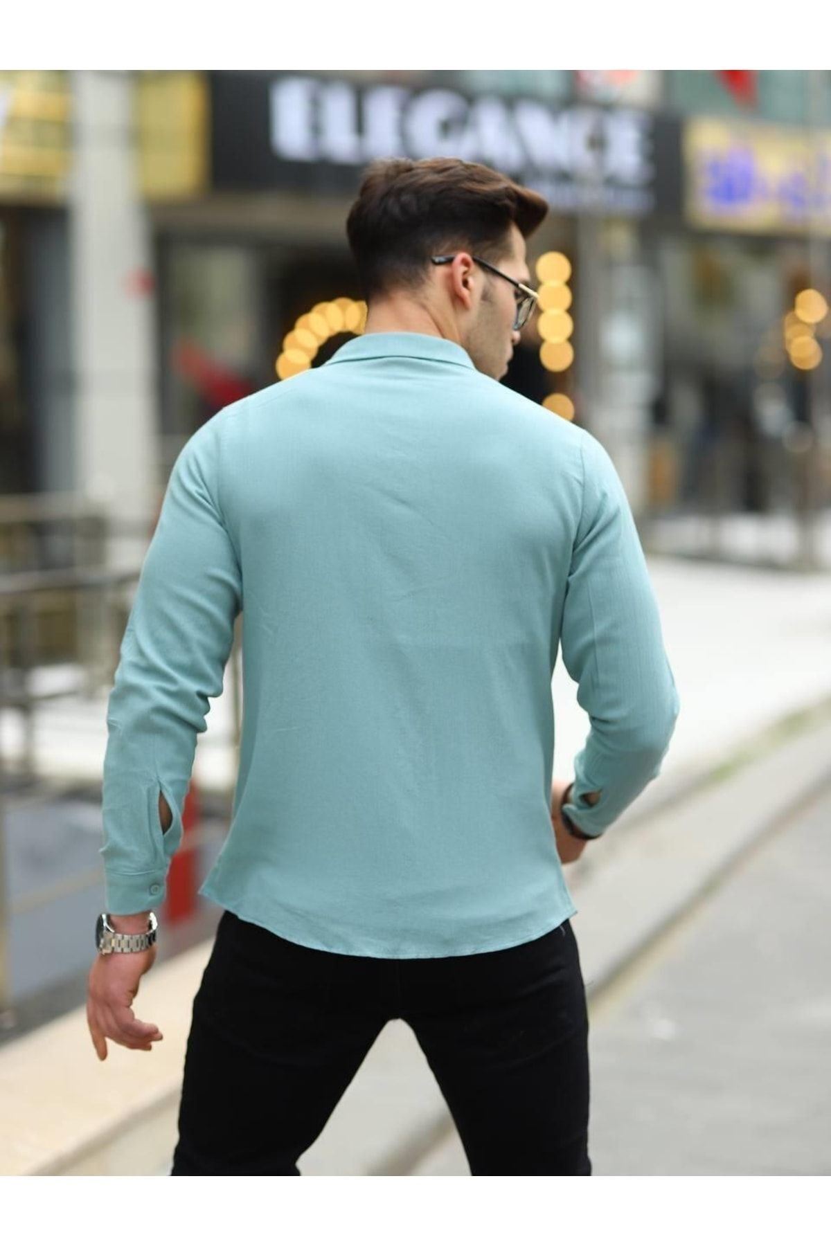 Erkek Trend Kruvaze Yaka Şık Mint Keten Gömlek