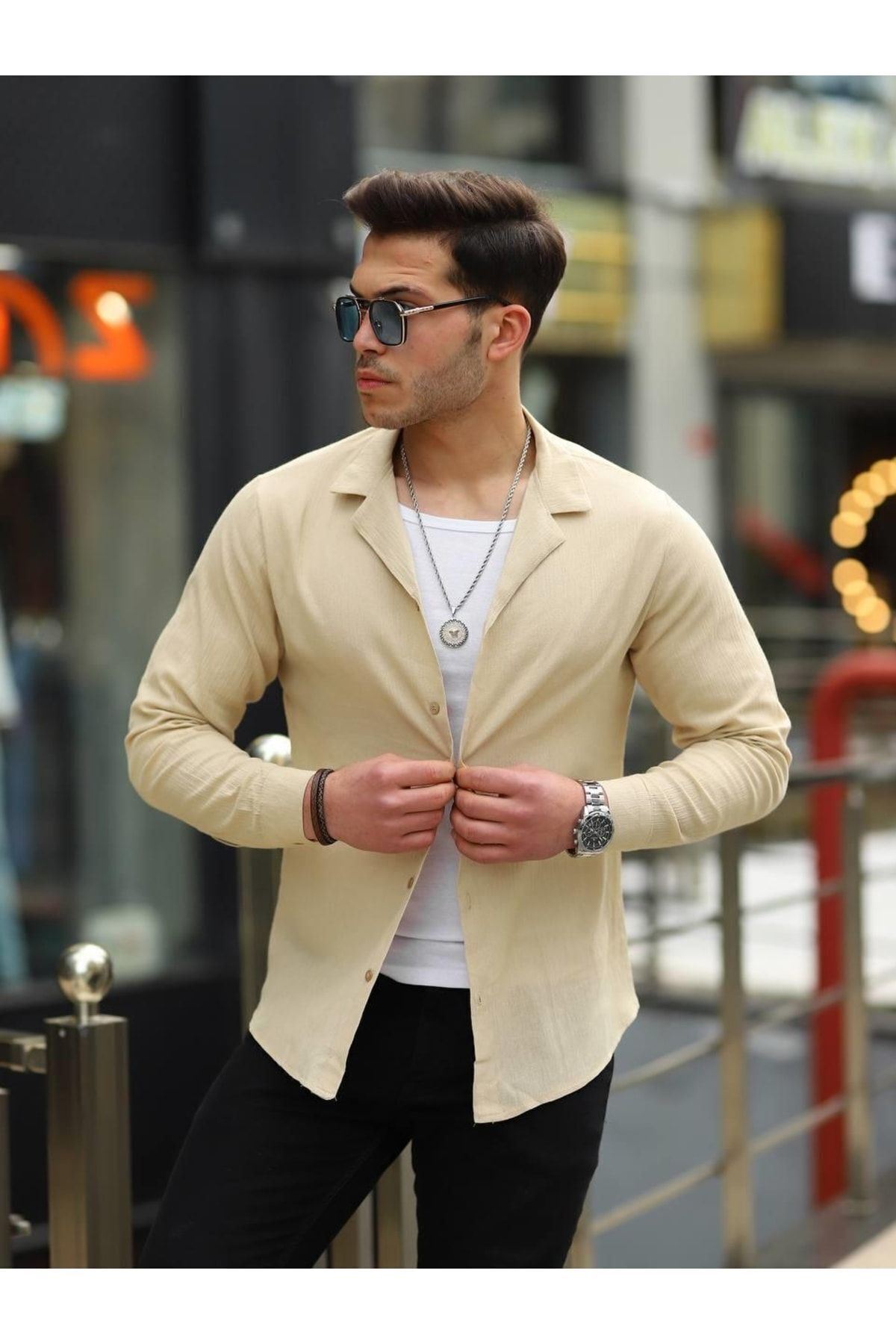 Erkek Trend Kruvaze Yaka Şık Bej Keten Gömlek