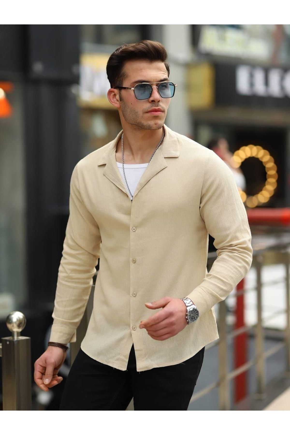 Erkek Trend Kruvaze Yaka Şık Bej Keten Gömlek
