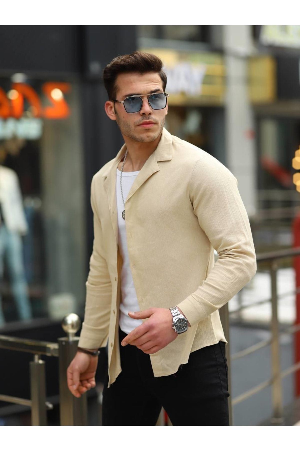 Erkek Trend Kruvaze Yaka Şık Bej Keten Gömlek