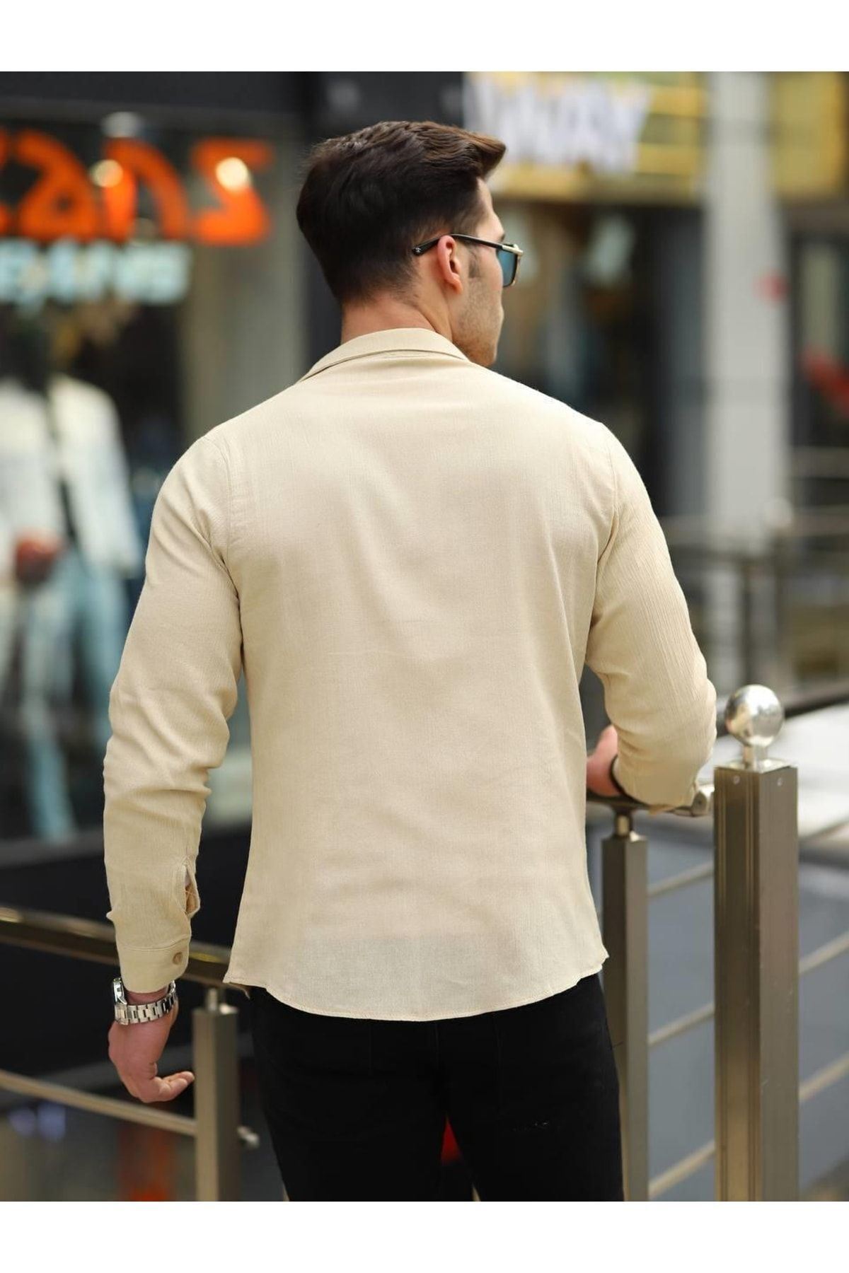 Erkek Trend Kruvaze Yaka Şık Bej Keten Gömlek