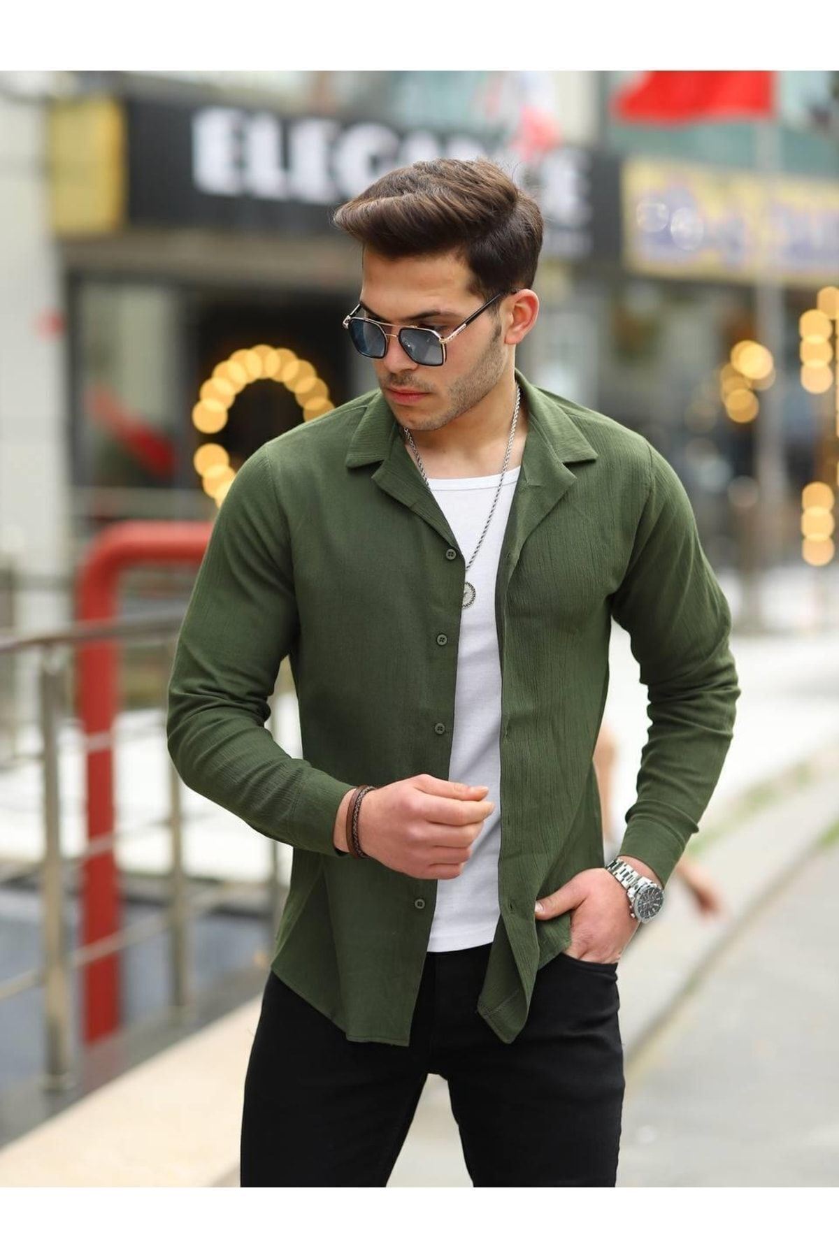 Erkek Trend Kruvaze Yaka Şık Haki Keten Gömlek
