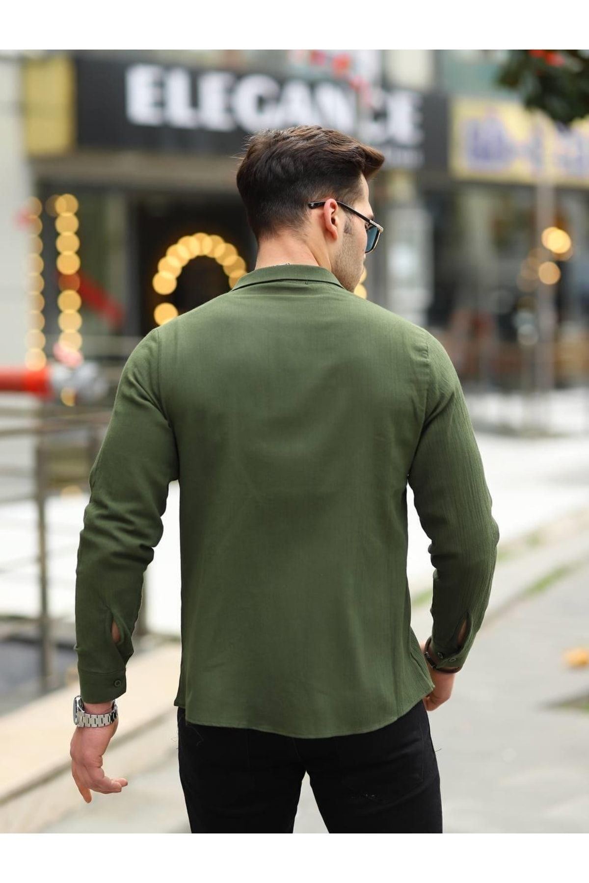Erkek Trend Kruvaze Yaka Şık Haki Keten Gömlek
