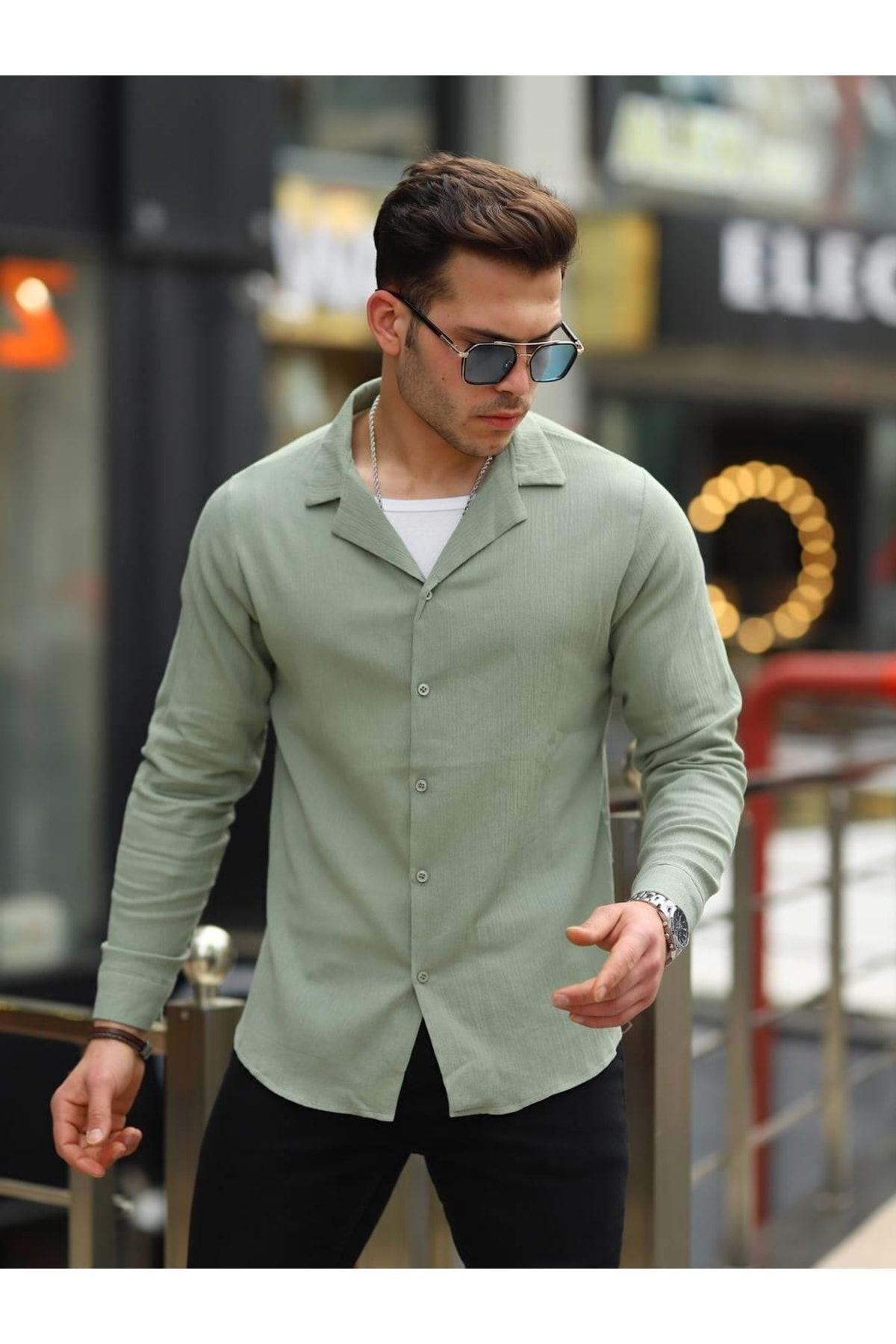 Erkek Trend Kruvaze Yaka Şık Yeşil Keten Gömlek