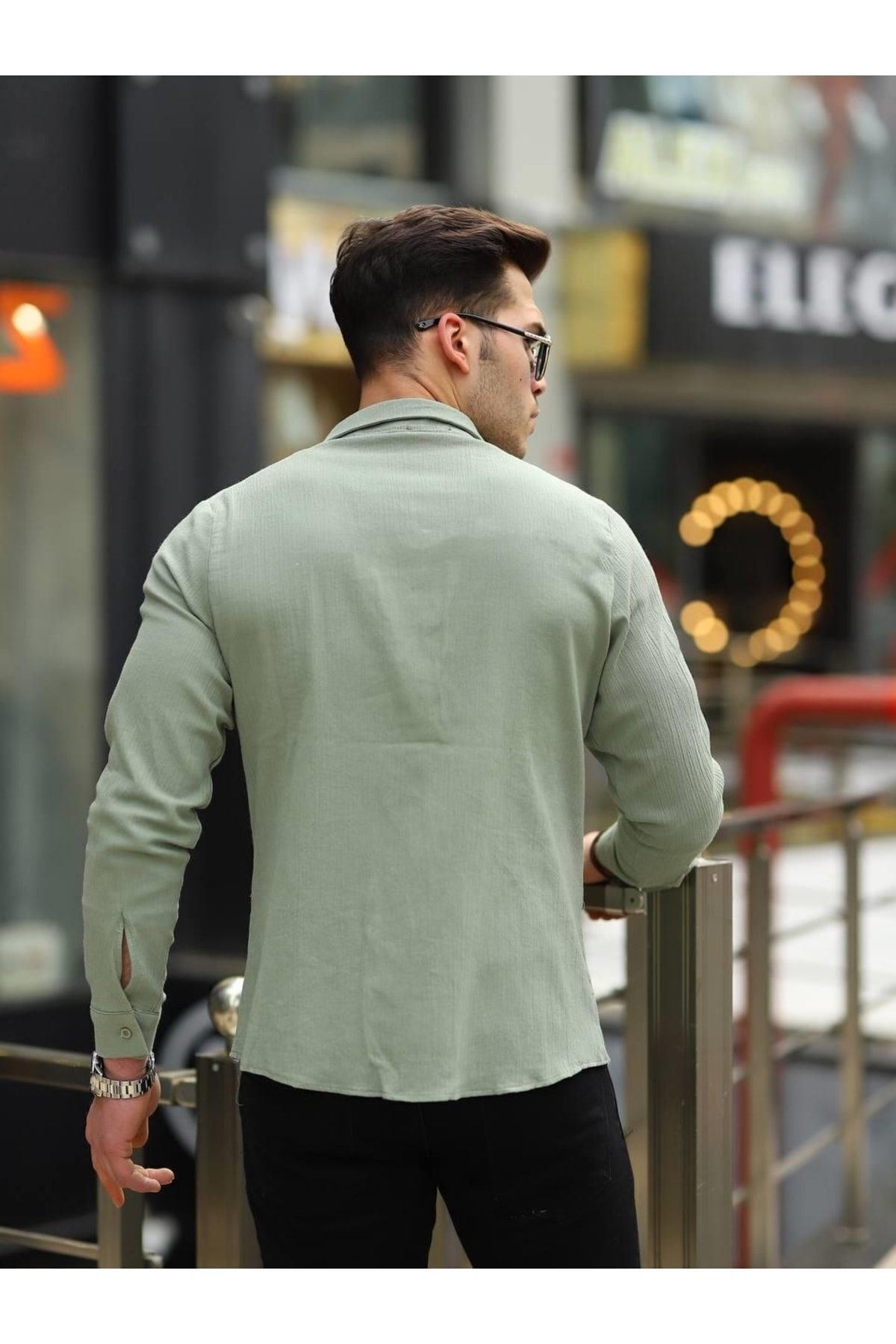 Erkek Trend Kruvaze Yaka Şık Yeşil Keten Gömlek