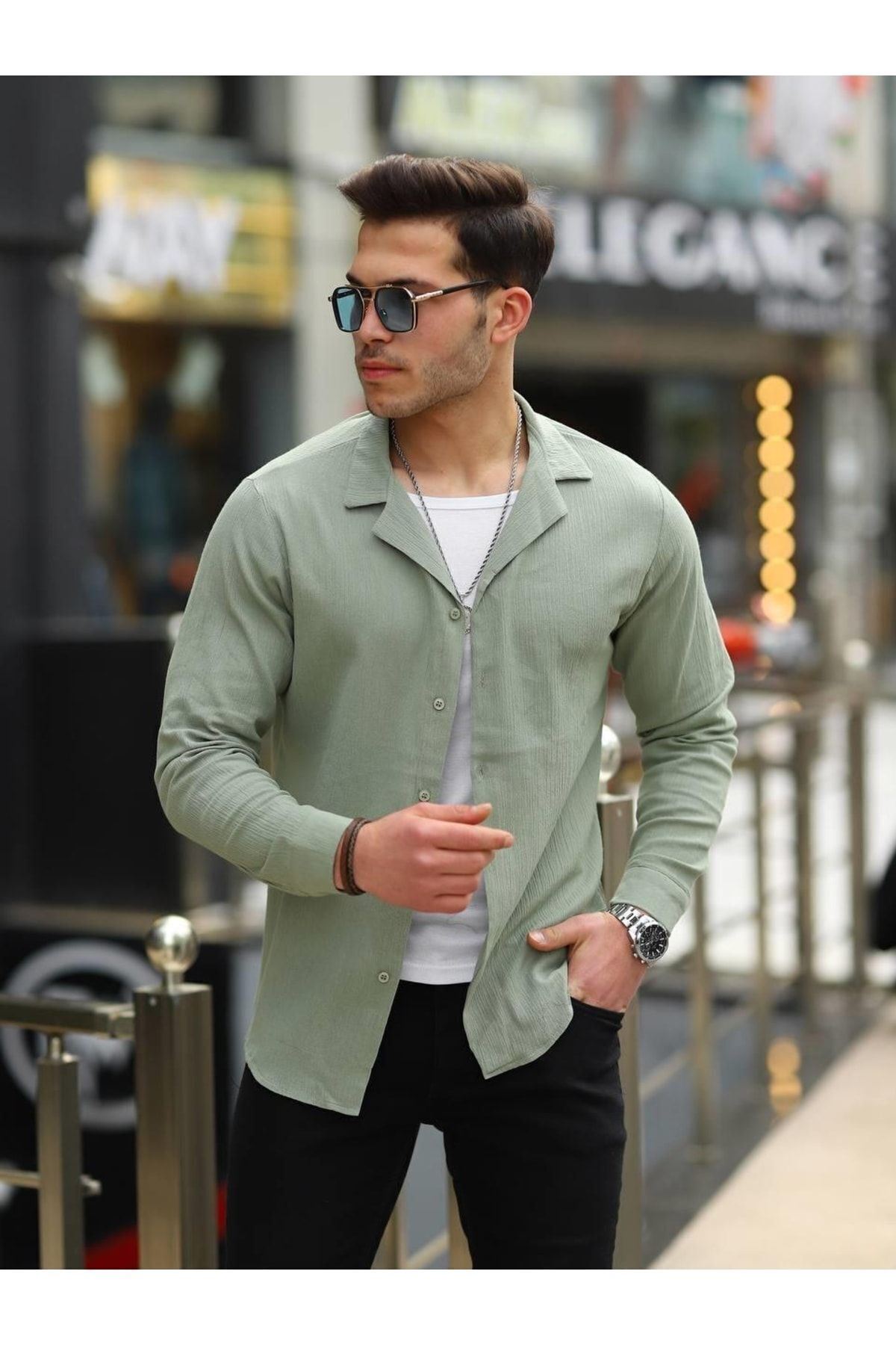 Erkek Trend Kruvaze Yaka Şık Yeşil Keten Gömlek
