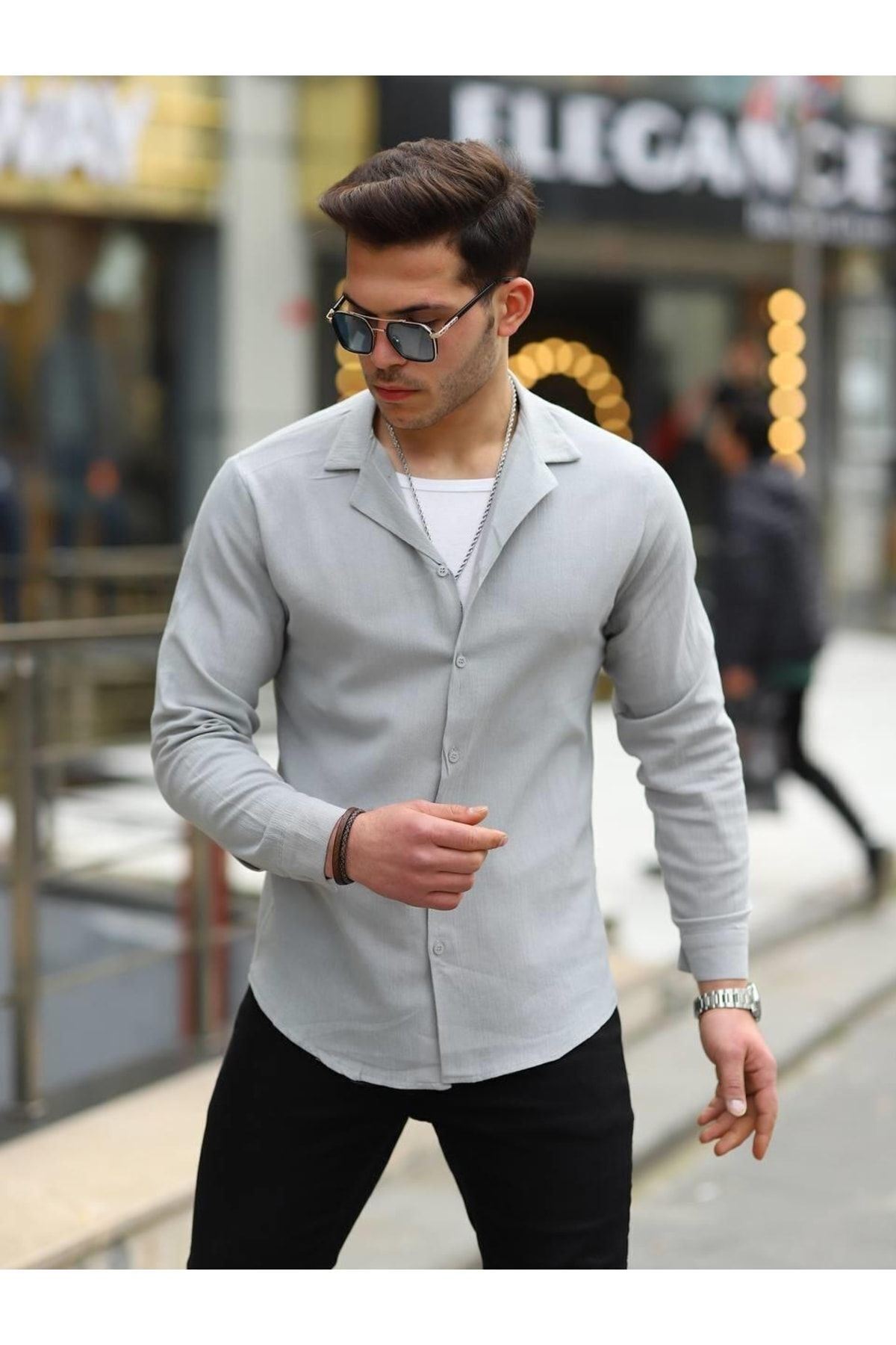 Erkek Trend Kruvaze Yaka Şık Gri Keten Gömlek