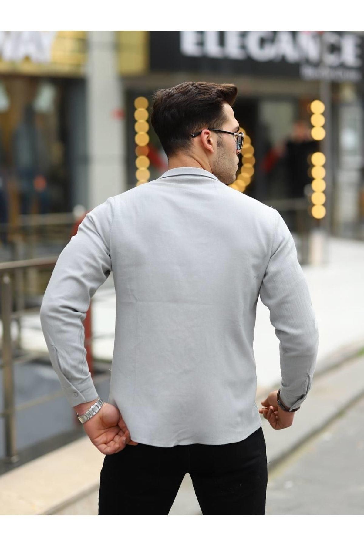 Erkek Trend Kruvaze Yaka Şık Gri Keten Gömlek